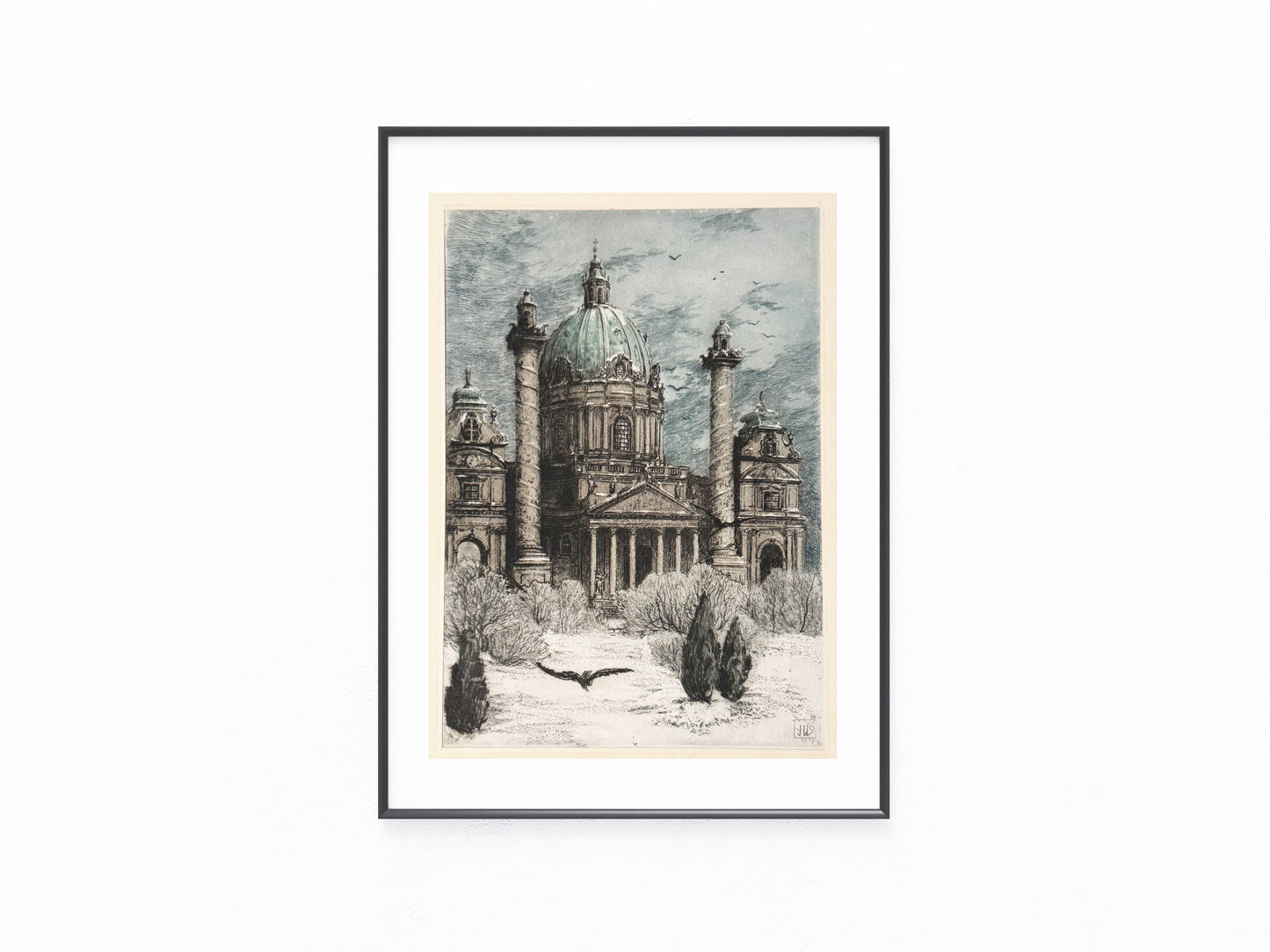 Original Karlskirche Wien Tafel 1919 Architektur Radierung | Winterliche Stadtansicht