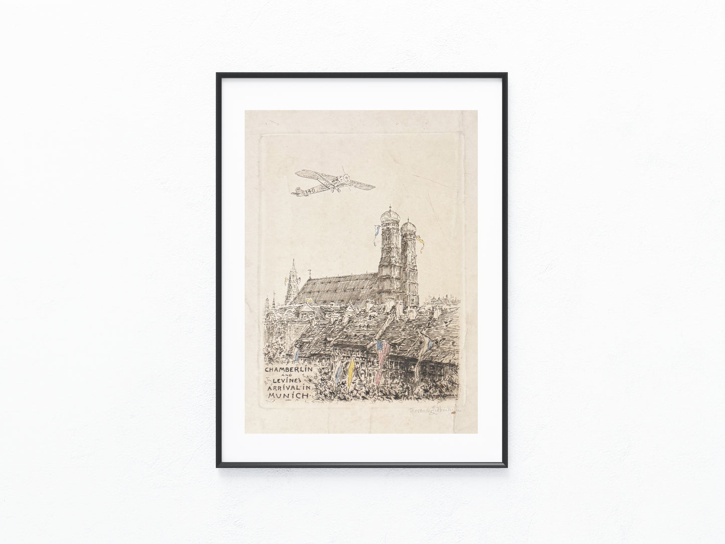 Original Chamberlin & Levine Ankunft München Tafel 1927 Lithografie