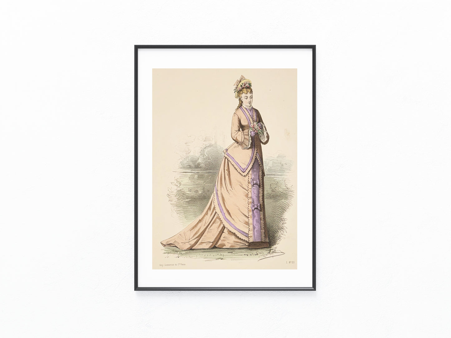 Damenmode Paris 1870 Apricotfarbenes Kleid Schleifen & Schleppe