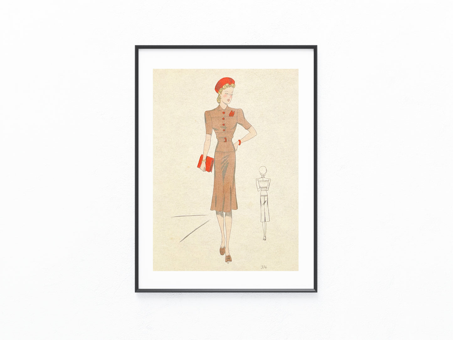 Original Modezeichnung Paris um 1940 „Robe en tussor“
