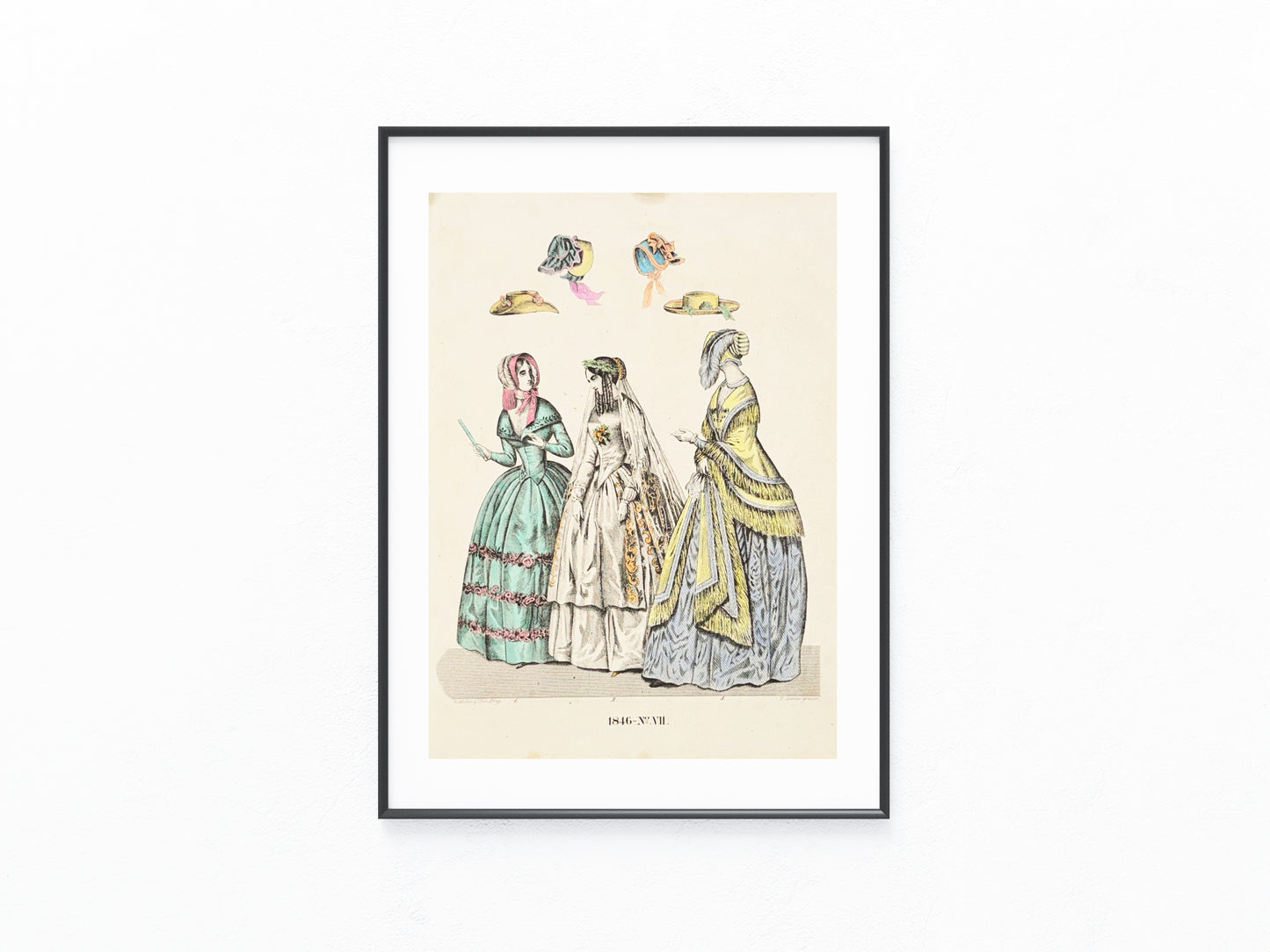1846 Original Damenmode Lithografie mit Hutmode