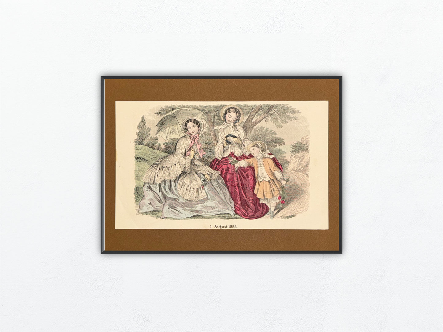 Original Mode Lithografie 1852 Damen & Kind | Familienszene mit Passepartout