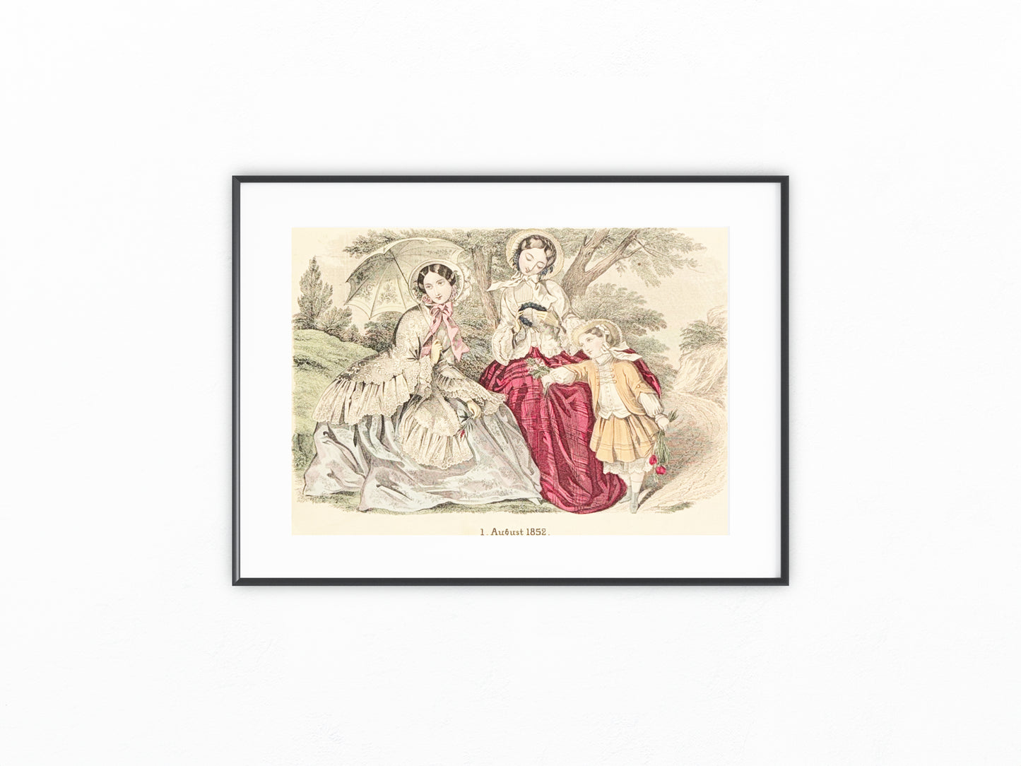 Original Mode Lithografie 1852 Damen & Kind | Familienszene mit Passepartout