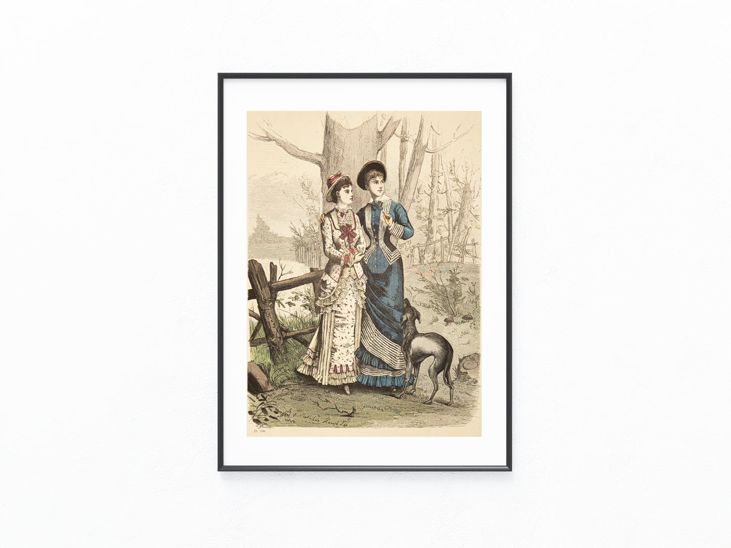Lithografie 1879 Original Damenmode mit Hund