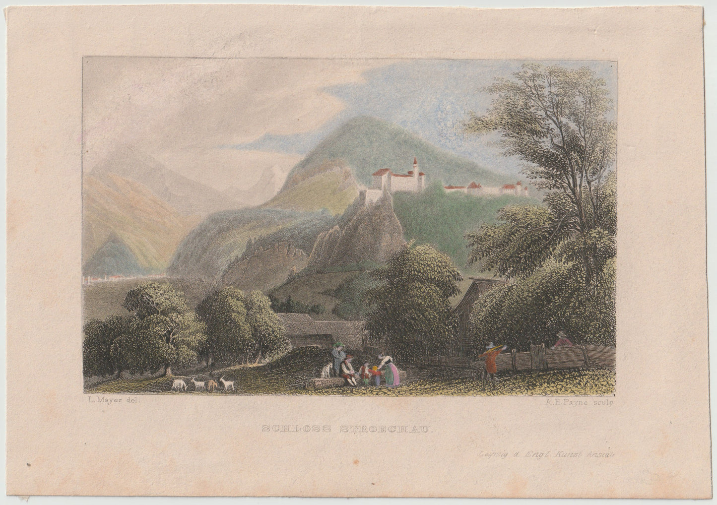 Schloss Stroechau Stahlstich koloriert 1850