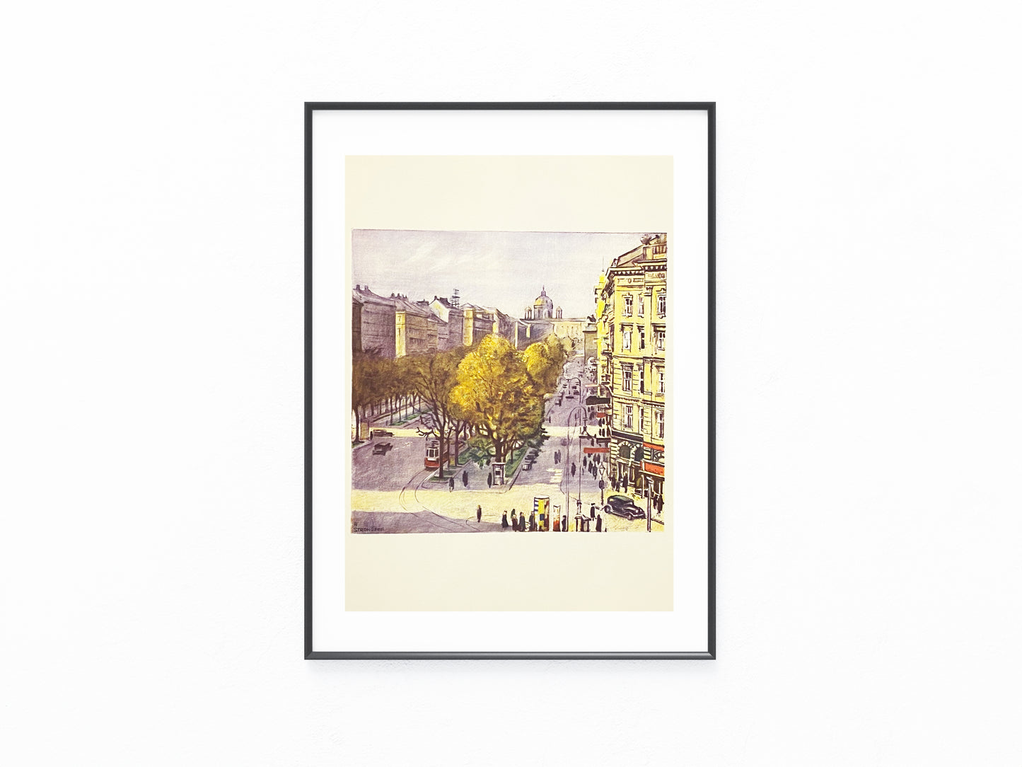 Wien Ringstraße 1930 Original Farblithografie | Straßenbahn & Stadtansicht