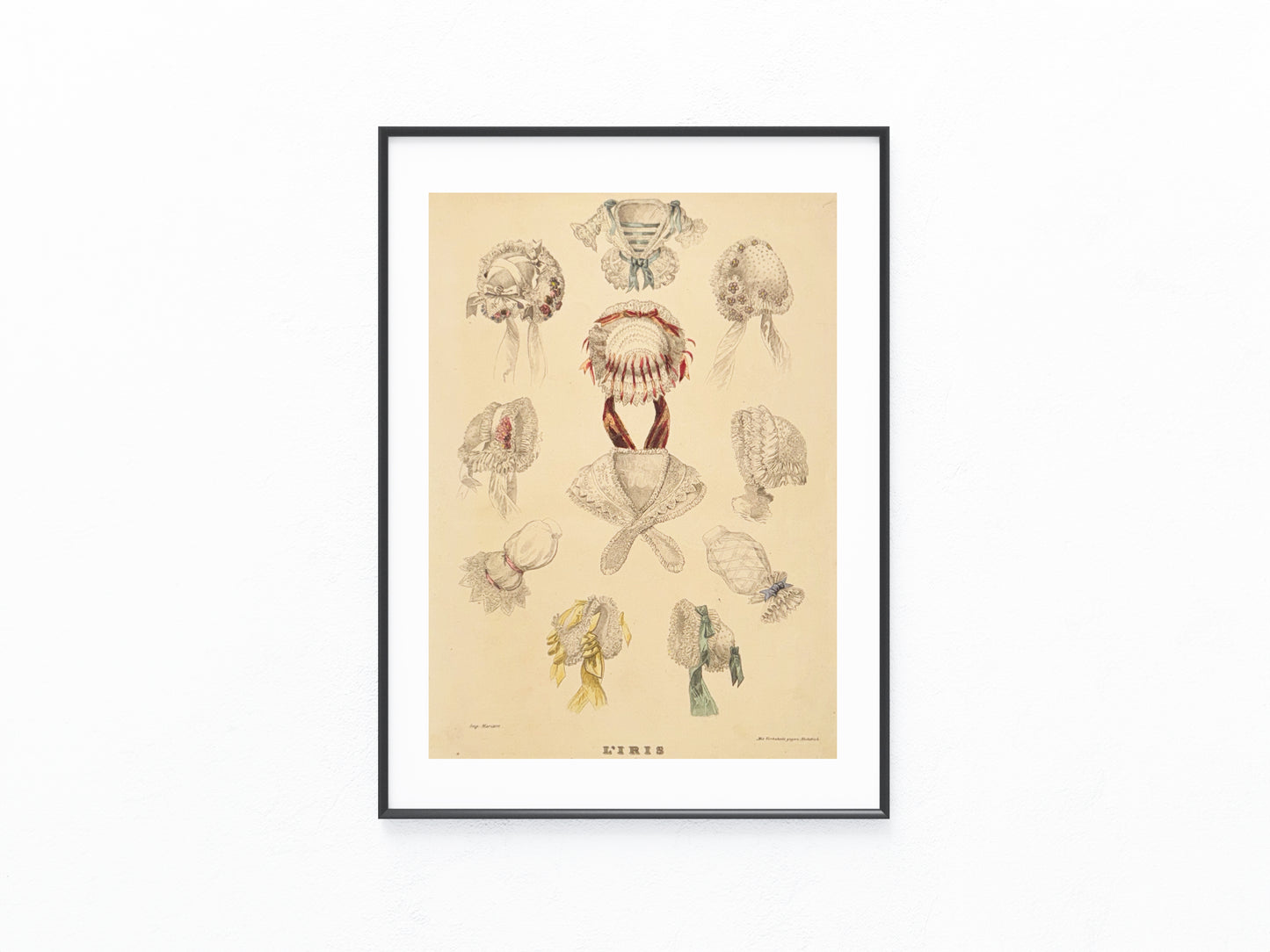 1850 Damenhauben & Kragen | Handkolorierter Druck Original L'IRIS Modegrafik