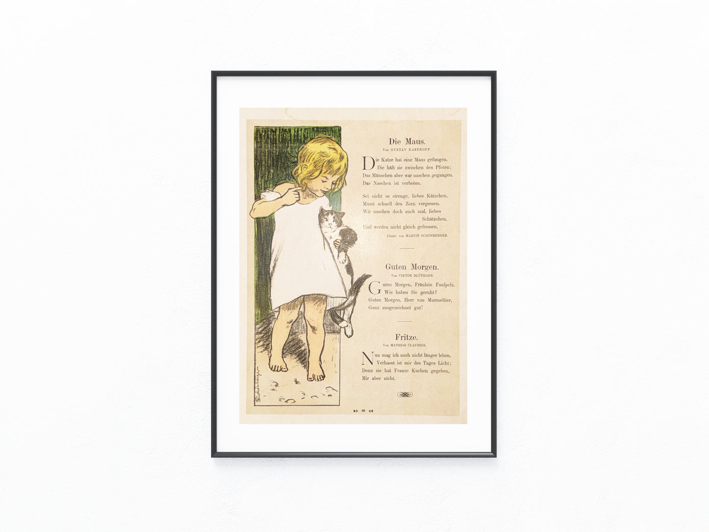 Original Kinder-Illustration mit Katze & Kind | Gedichtblatt um 1900