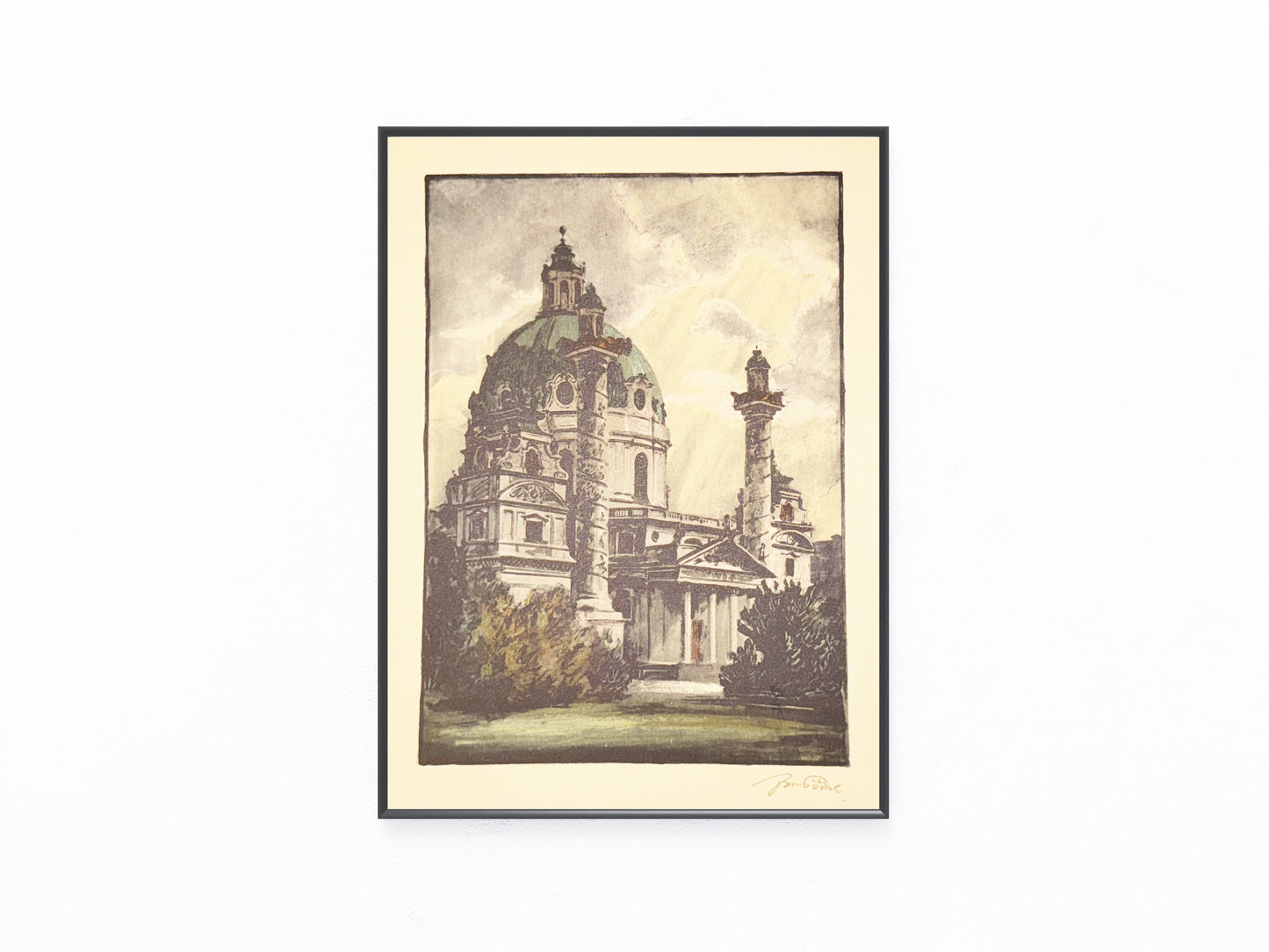 1940 Original Farblithografie Karlskirche in Wien | Handsigniert Architektur Otto Wagner
