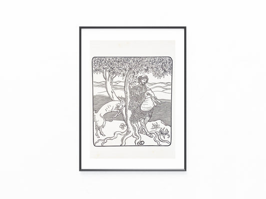 Jugendstildruck Hirte mit Ziege und Flöte um 1900 | Original Grafik Illustration Pan