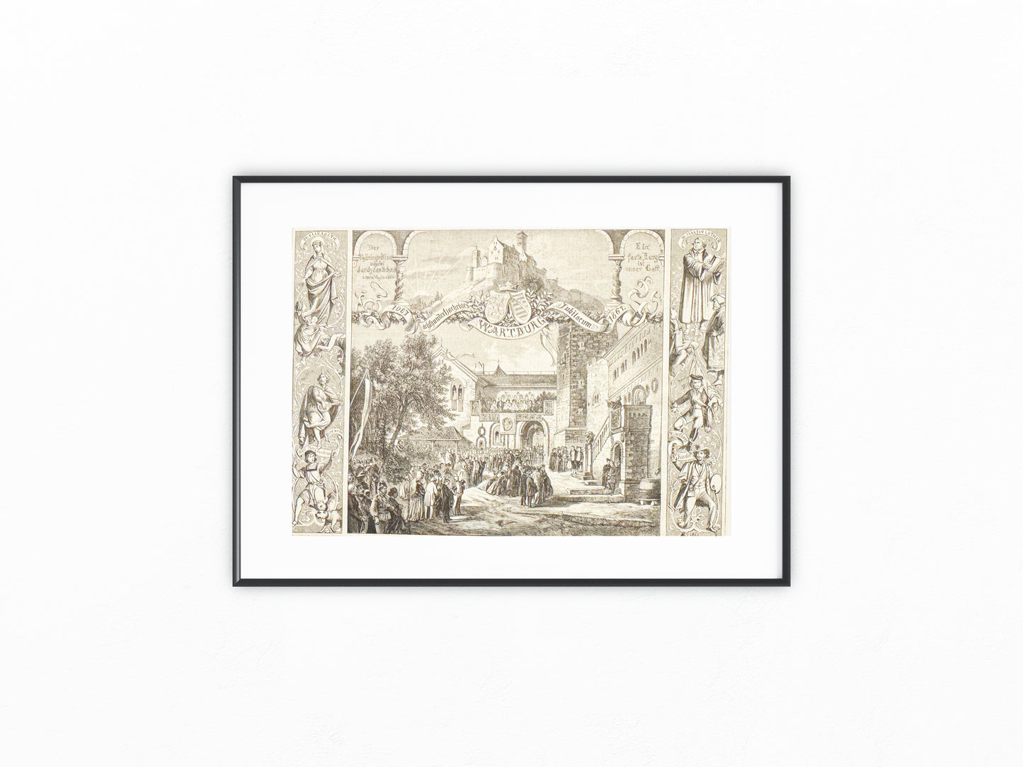 1867 Wartburg Original Holzstich Jubiläumsfeier | Druck Passepartout Burg Schloss