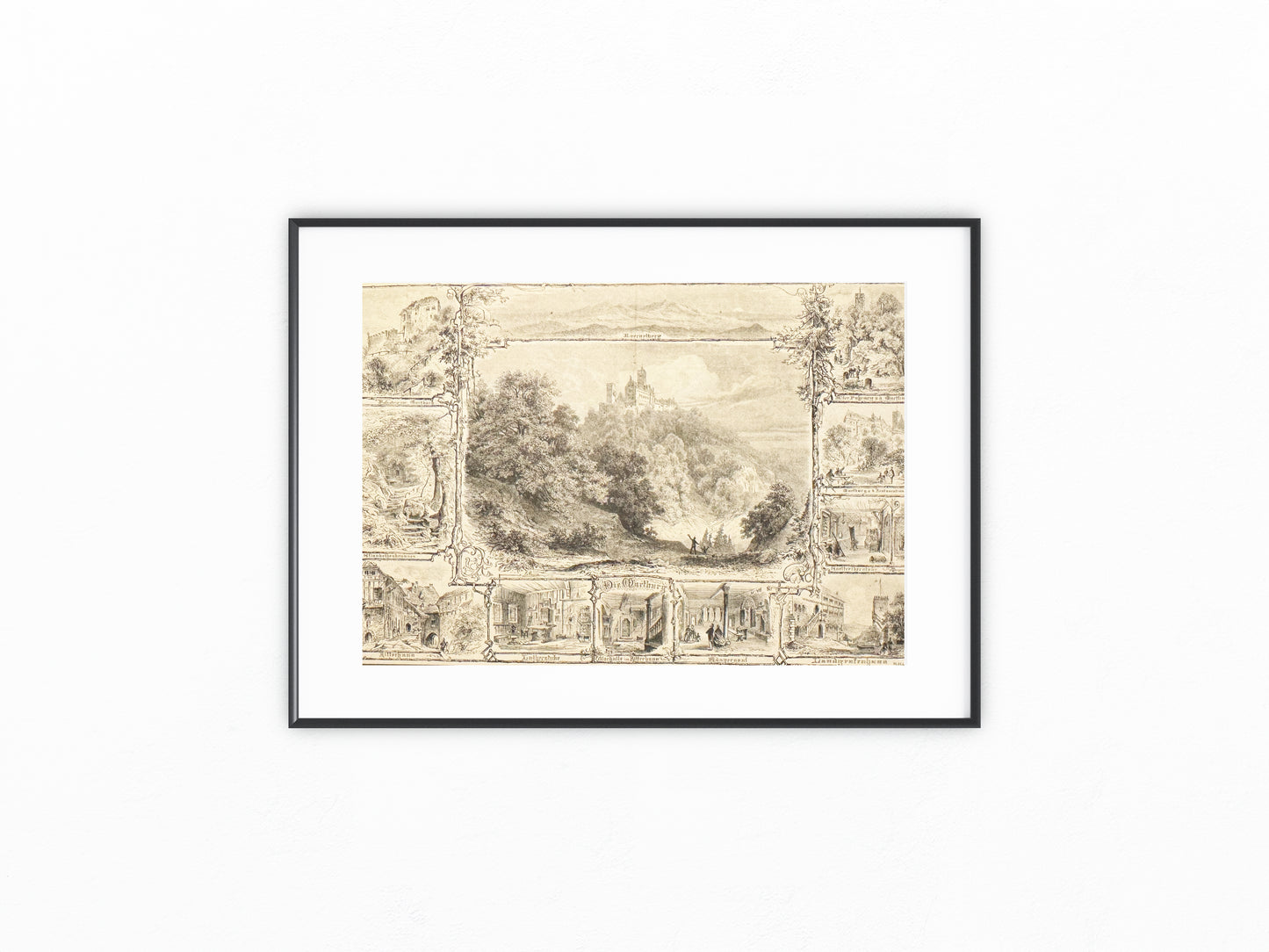 1870 Die Wartburg Original Holzstich | Druck im Passepartout | Schlossansicht