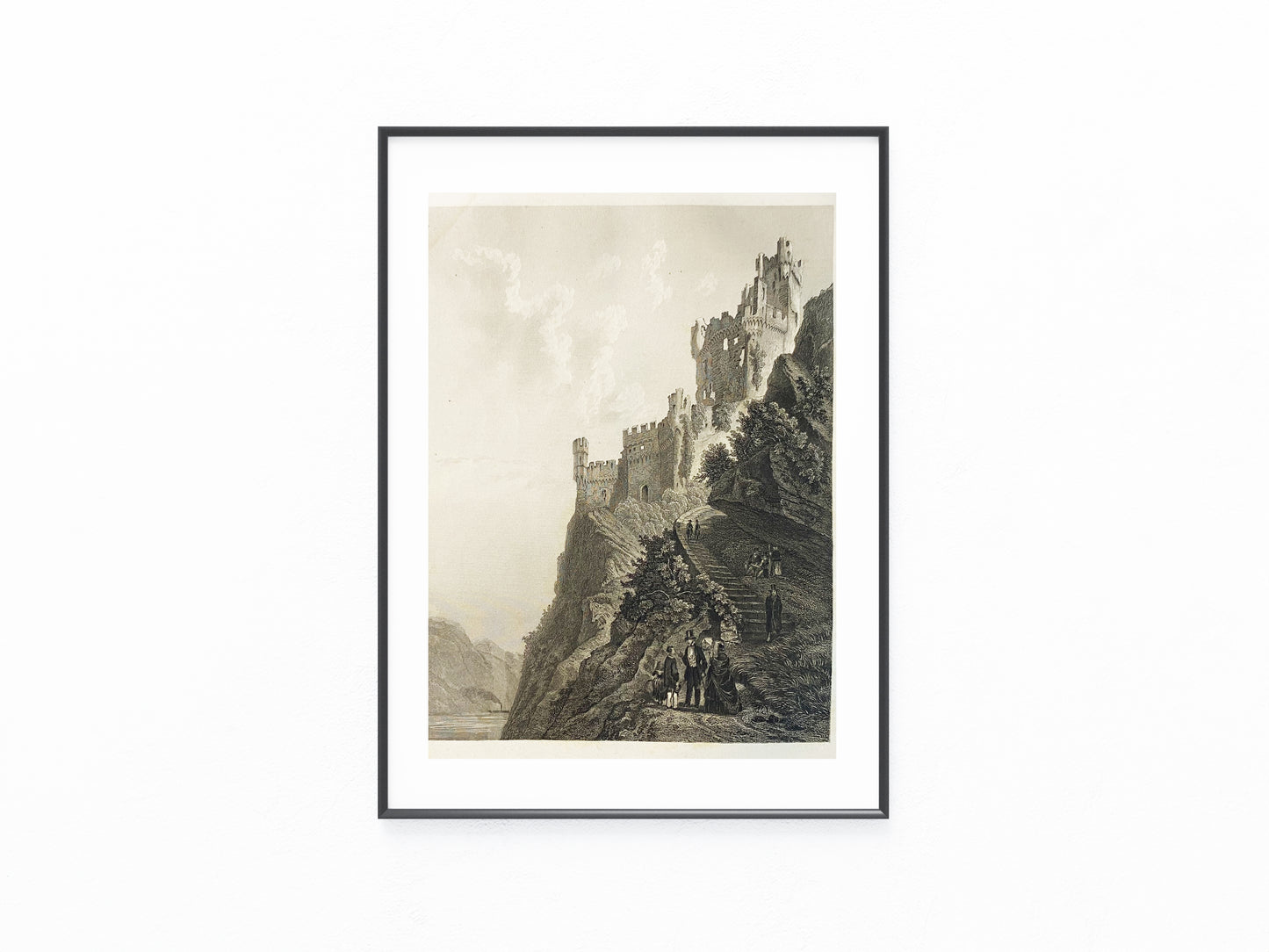 Burgruine Stahleck 1856 Original Stahlstich | Rheinlandschaft Burgen Ruinen Ritter