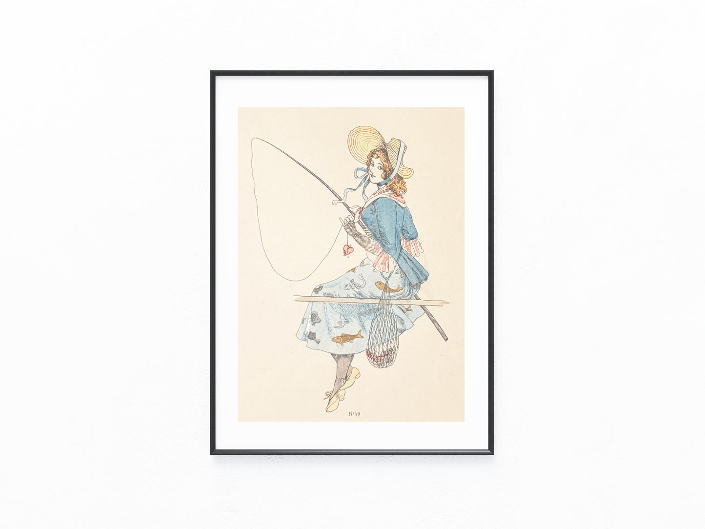 Original Modegrafik Dame beim Angeln 1890 | Vintage Kostüm Illustration Jugendstil