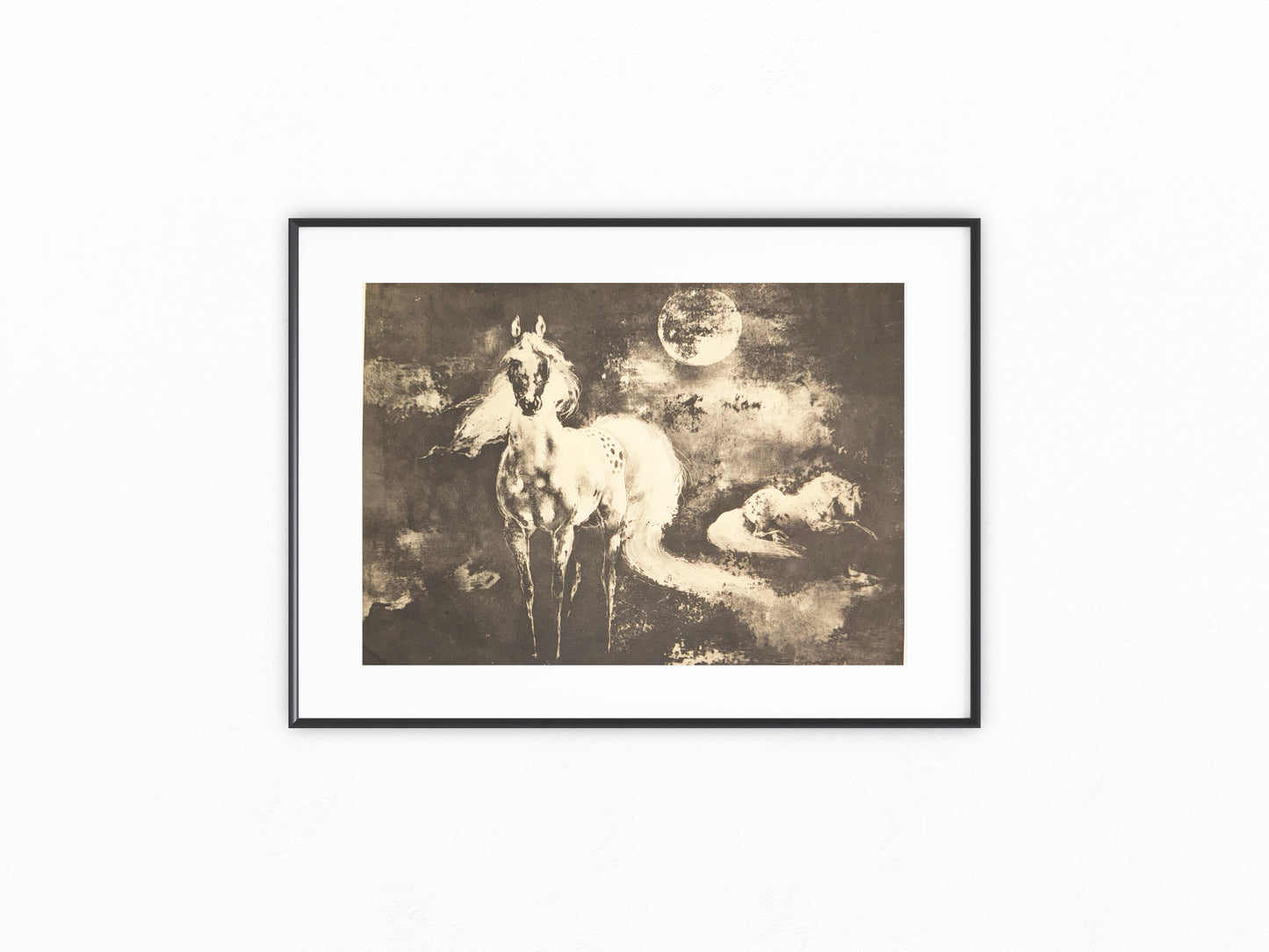 Original Pferde Lithografie Tierdarstellung Schwarze Kunst Mondnacht