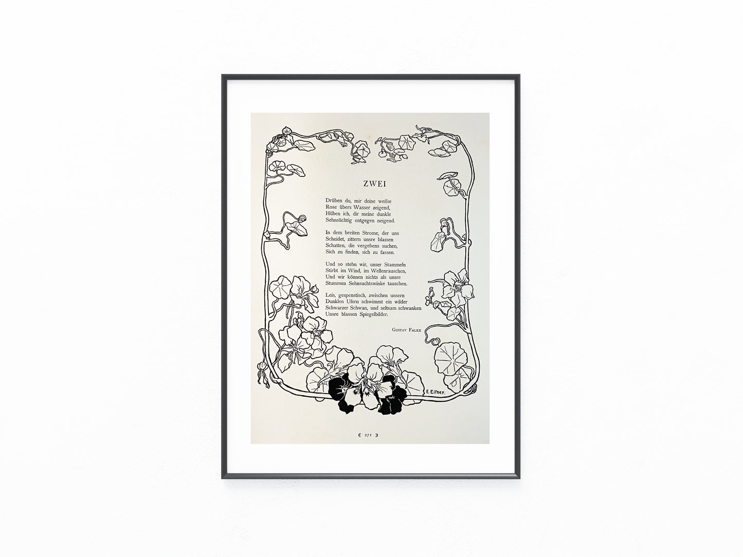 Original Jugendstil Druck Gustav Falke ZWEI 1900 | Historische Grafik mit floralem Rahmen