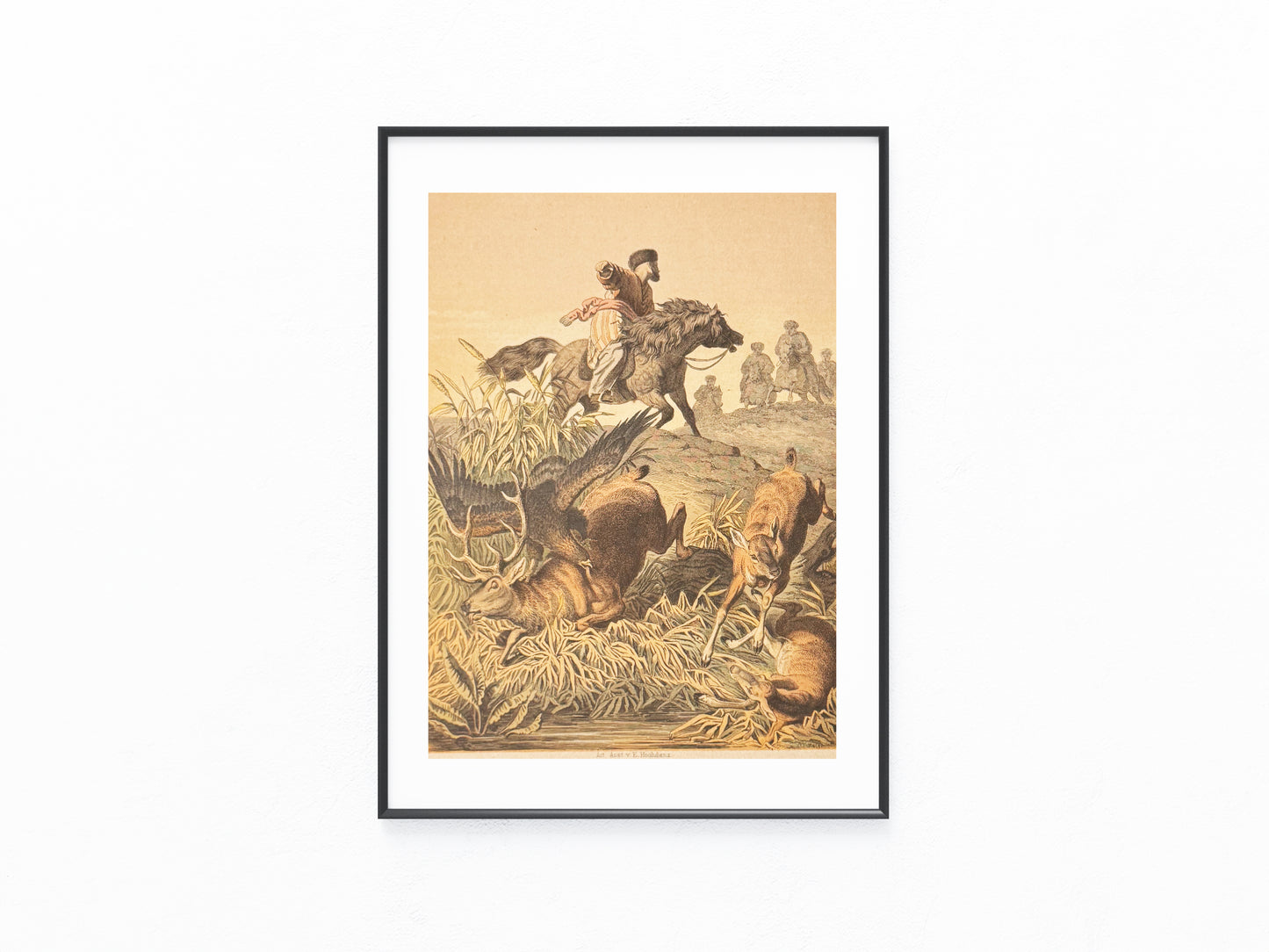1880 Original Beizjagd Lithografie | Adlerjagd bei den Kirgisen | Falknerei Vögel