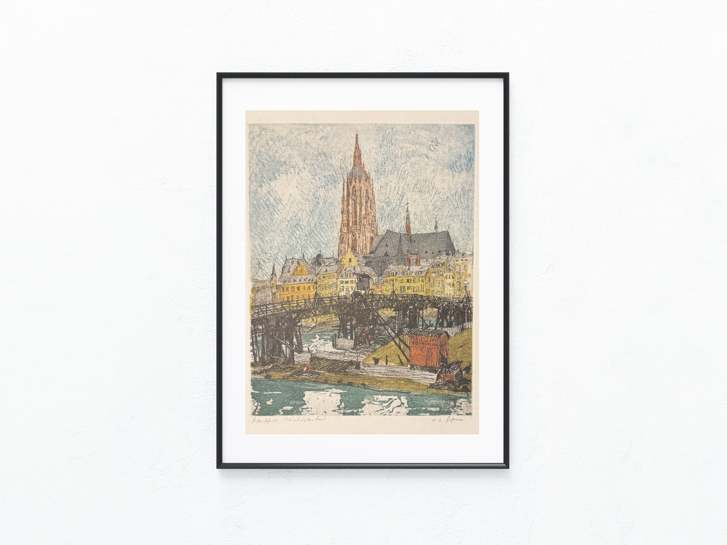 Original Frankfurt am Main Dom Radierung N. L. Figura 1900 | kolorierte Stadtansicht | Mainufer