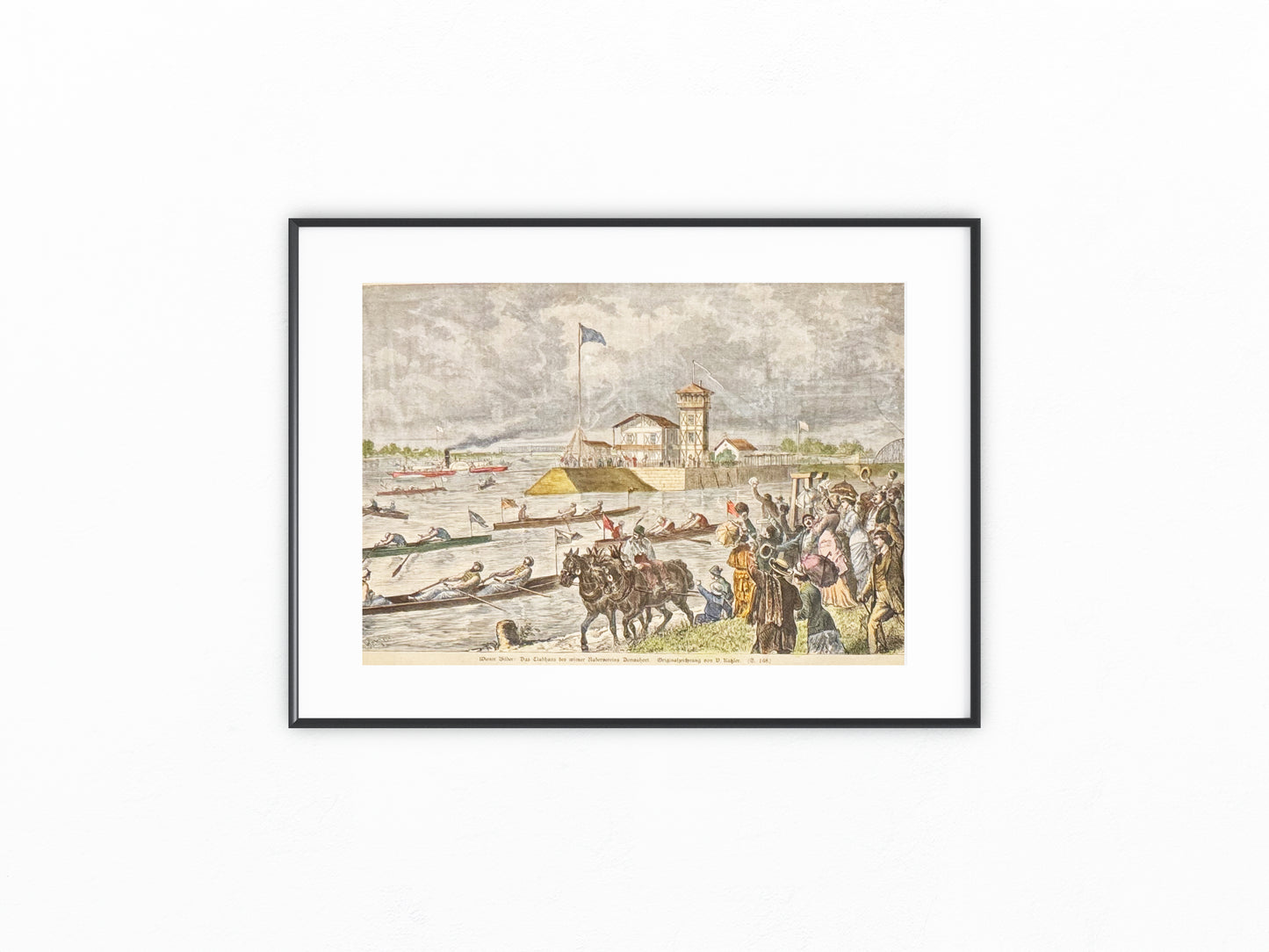 1870 Badeverein Donauhort Clubhaus Wien Ruderregatta Lithografie mit Passepartout