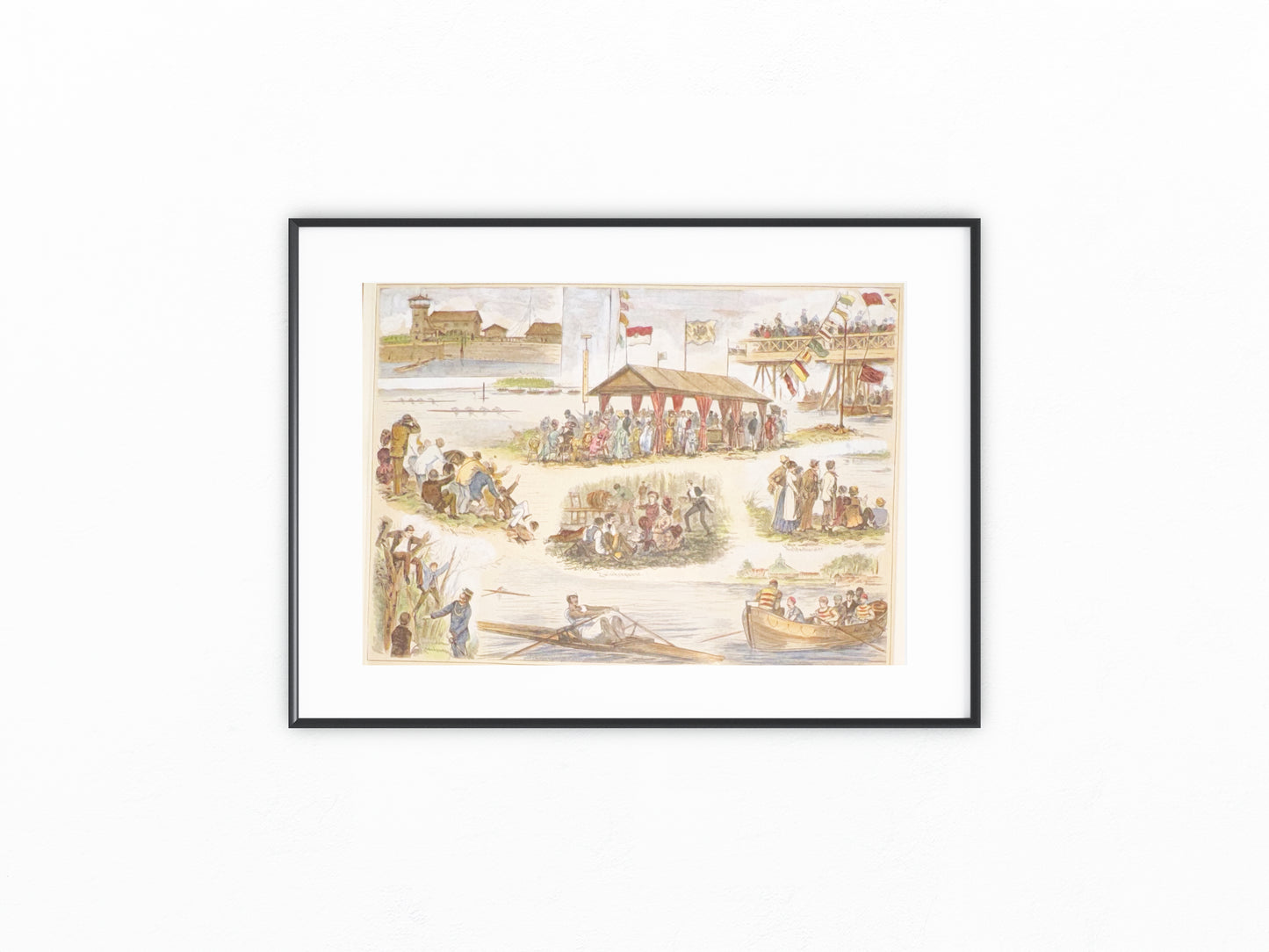 Original Wien Ruderregatta Lithografie 1870 mit Passepartout | Sportdarstellung