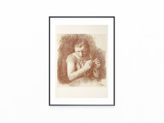 Rötelzeichnung Heinz Heim Frau bei der Handarbeit 1900 | Historische Grafik aus PAN