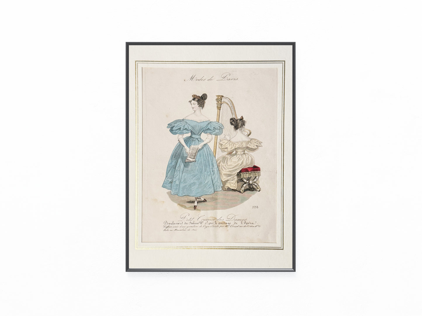 Original Modes de Paris Lithografie 1832 | Damenmode mit Harfe