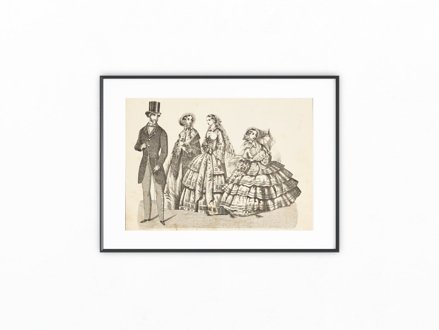 1855 Antike Modegrafik schwarz-weiß Vintage