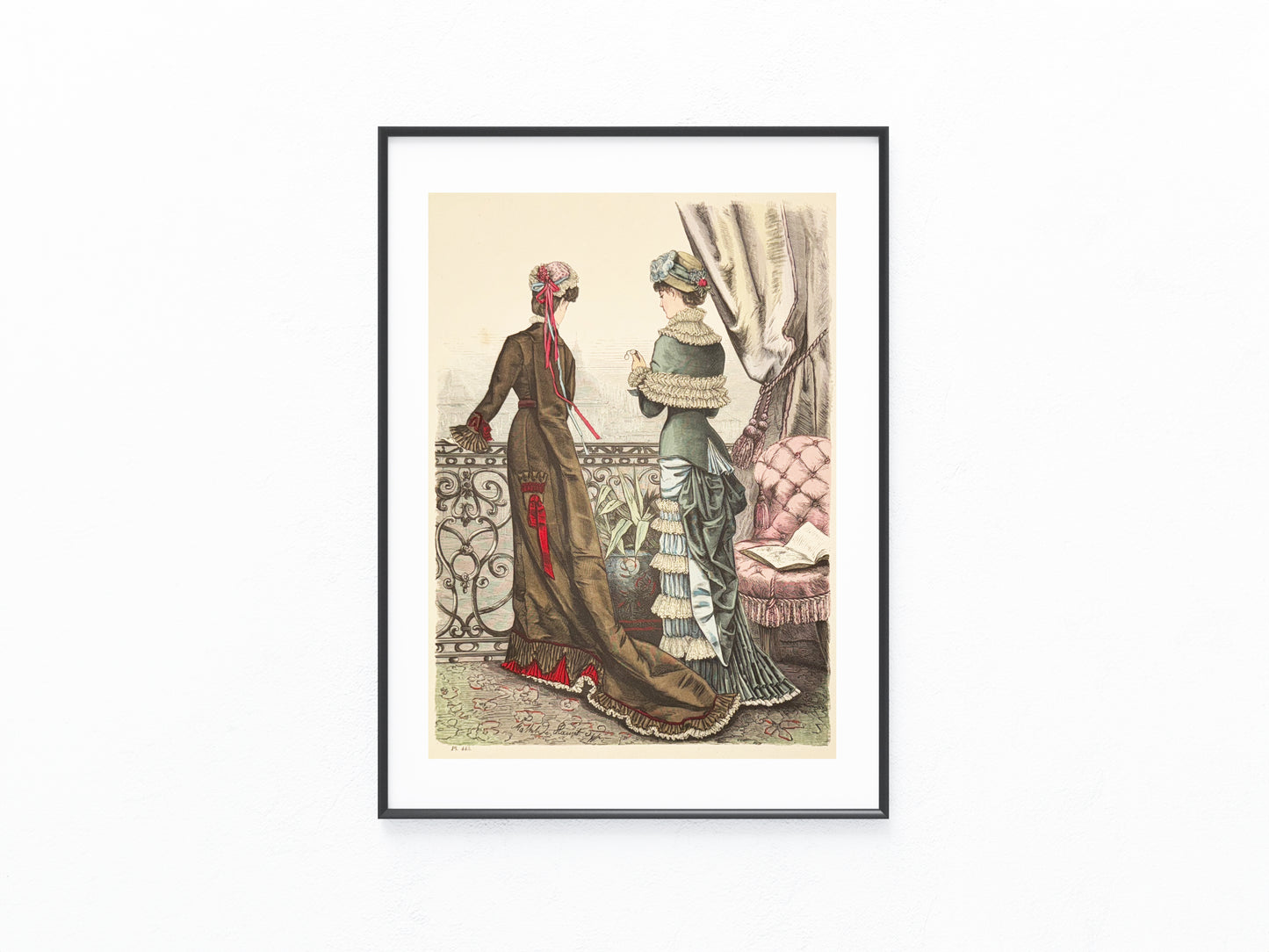 Original Mode Kleider Lithografie 1880 Balkon Szene