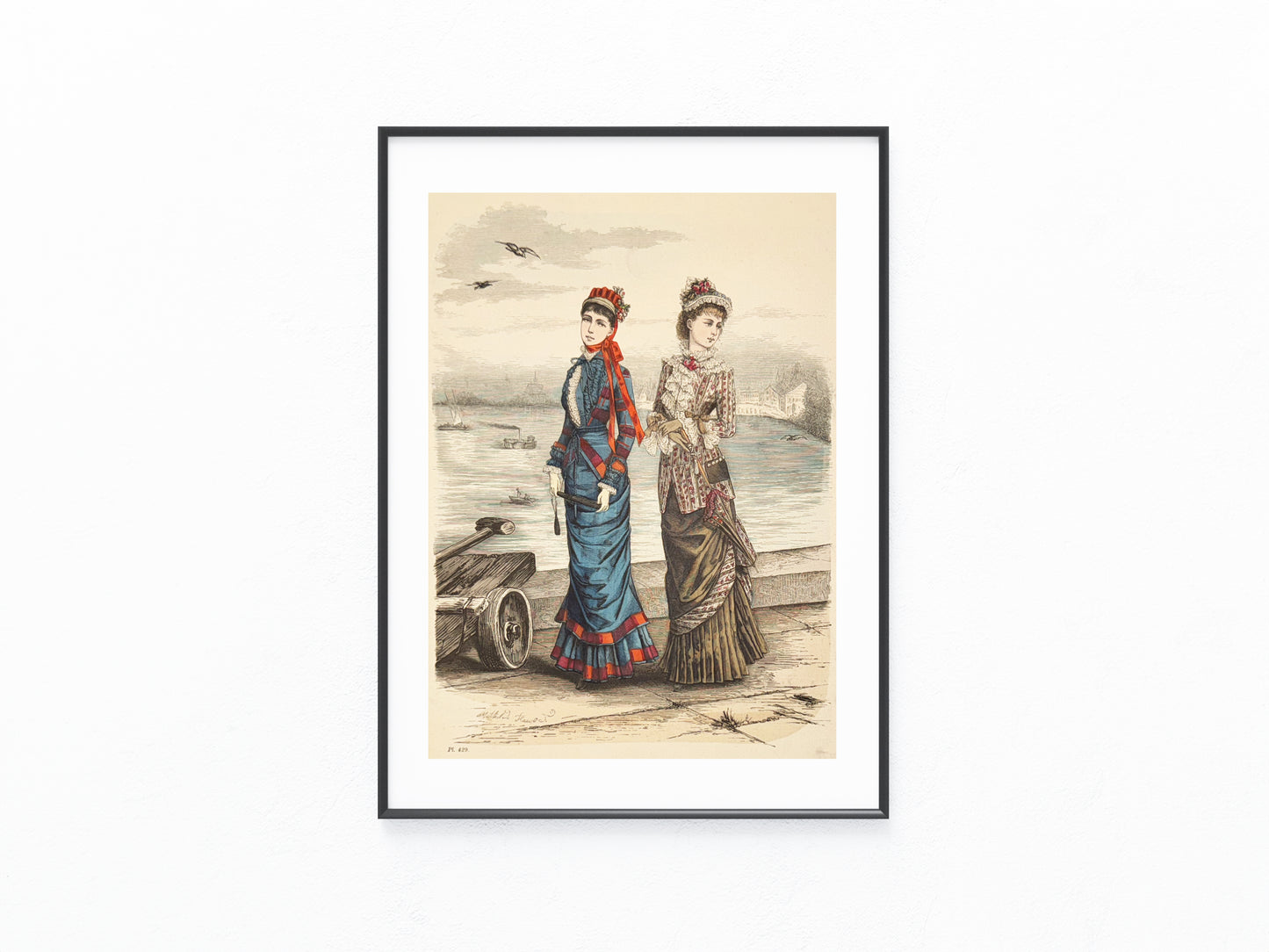 1880 Spaziermode am Wasser Original Lithografie Damenmode