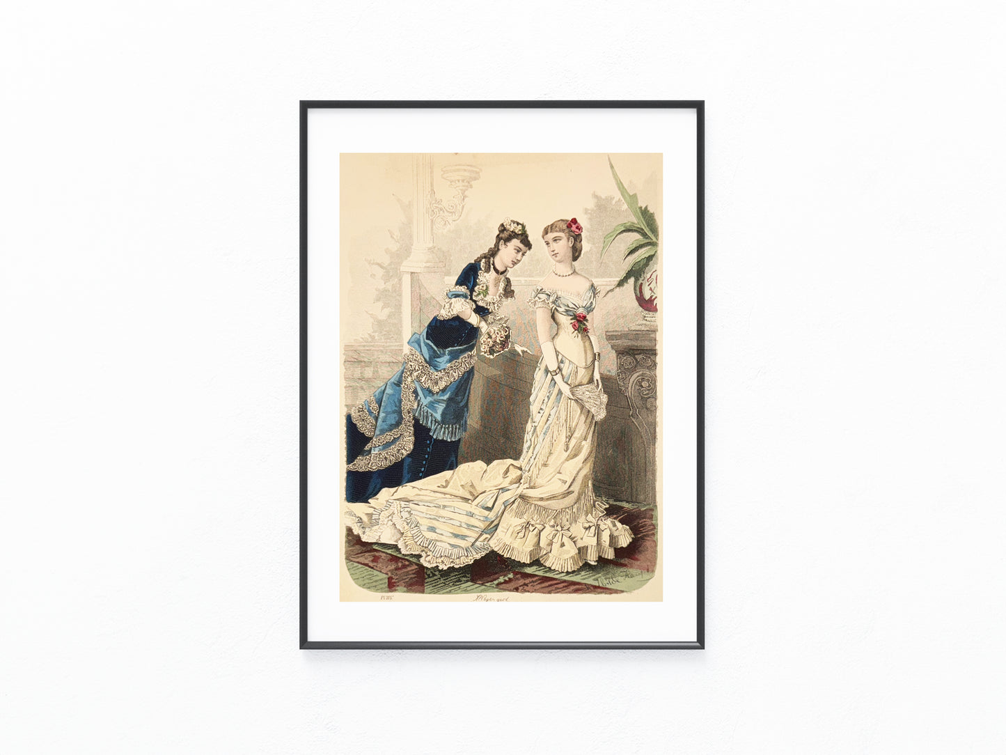 1877 Original Lithografie Ballkleider Frauen Mode