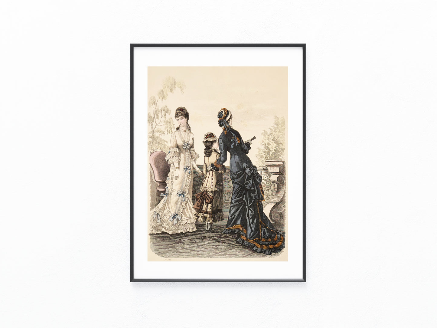 1877 Original Modegrafik | Antike Lithografie mit Damenmode & Kind