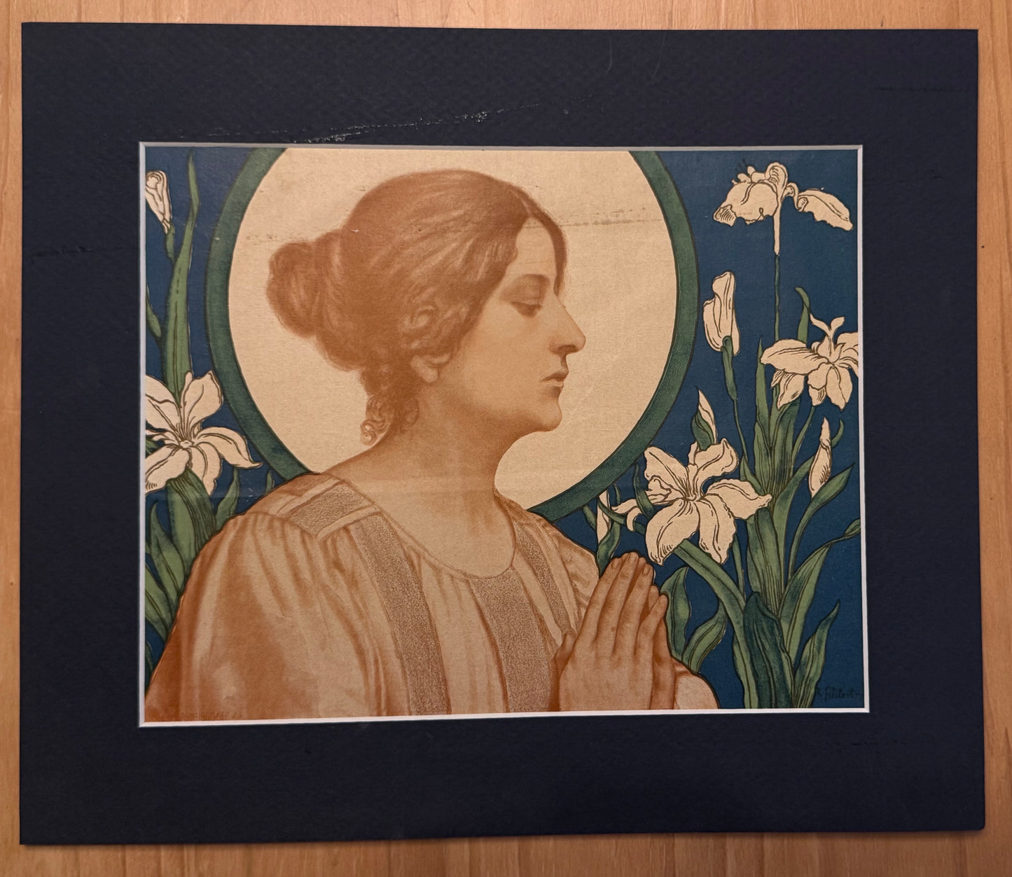 Original Jugendstil Druck Frau im Gebet von Karl Scheidbauer | Andachtsgrafik 1900