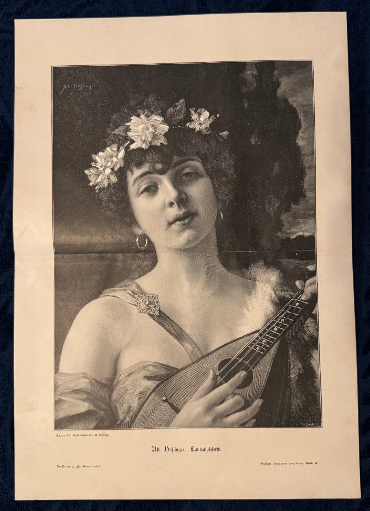 Original Jugendstil Druck 1900 Lautenspielerin Höflinger | Vintage Porträt Mandoline