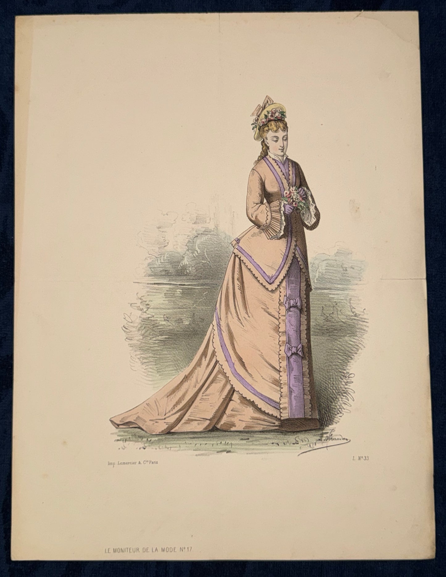 Damenmode Paris 1870 Apricotfarbenes Kleid Schleifen & Schleppe