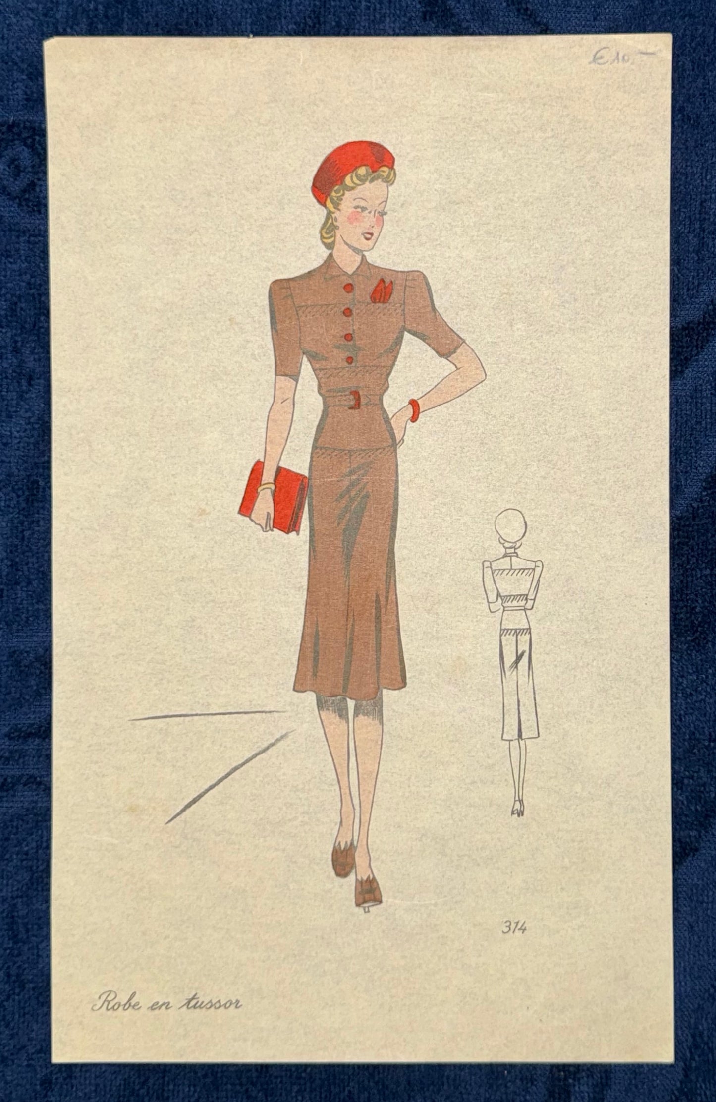 Original Modezeichnung Paris um 1940 „Robe en tussor“