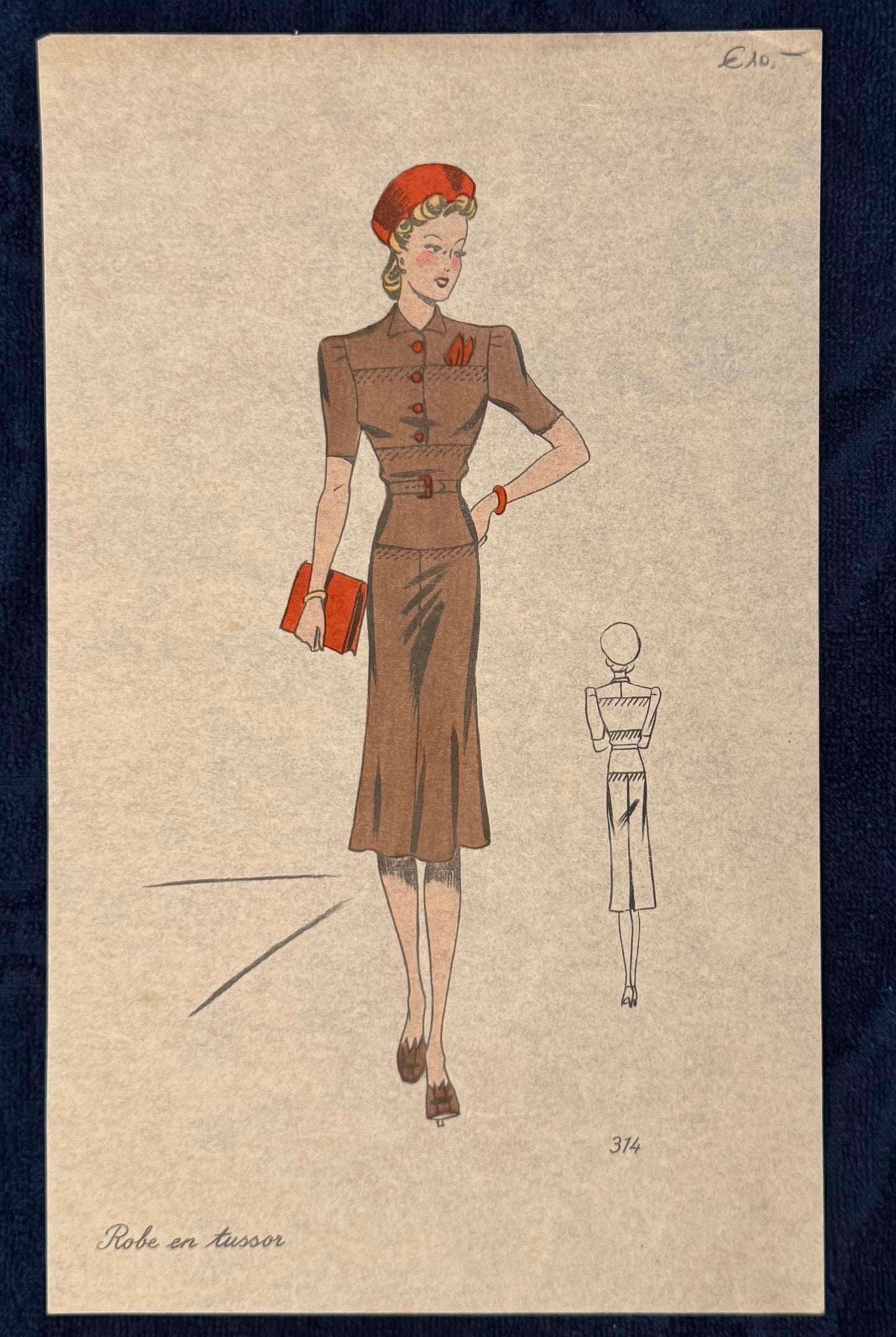 Original Modezeichnung Paris um 1940 „Robe en tussor“