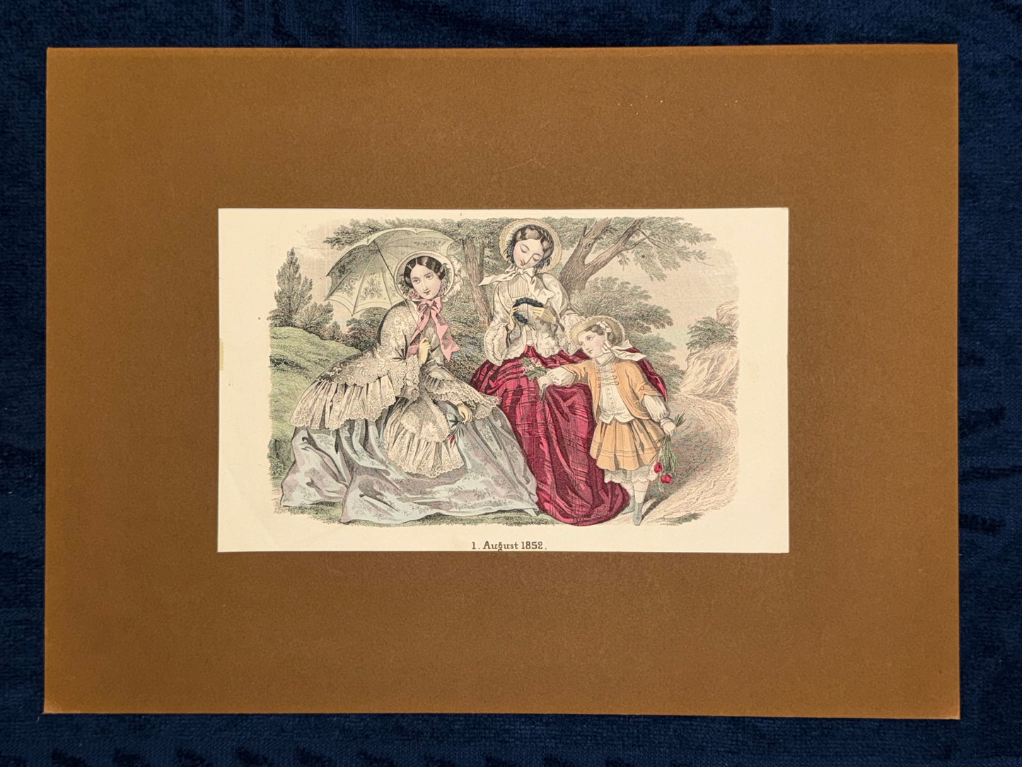 Original Mode Lithografie 1852 Damen & Kind | Familienszene mit Passepartout
