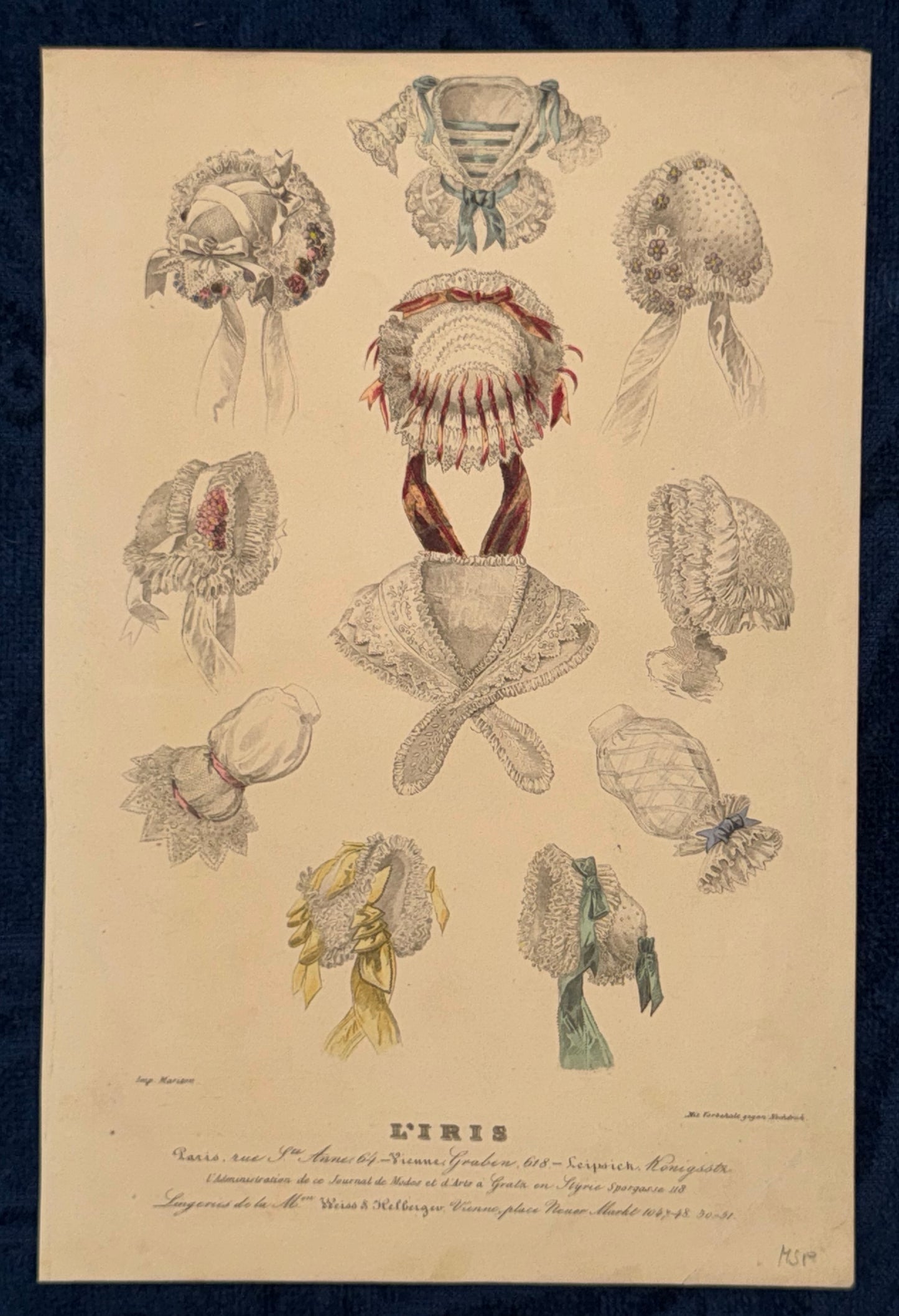 1850 Damenhauben & Kragen | Handkolorierter Druck Original L'IRIS Modegrafik