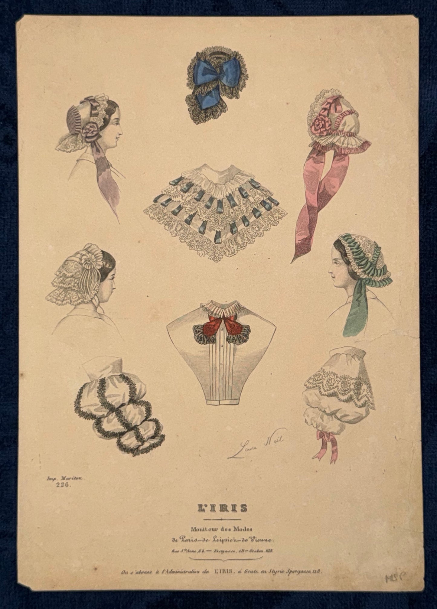 1850 L'IRIS Modegrafik Historische französische Mode | Spitzenhauben Kragen | koloriertes Original