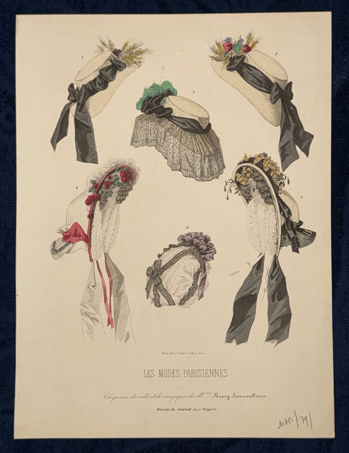 1870 Les Modes Parisiennes Modegrafik | Historische Hüte | Handkolorierte Pariser Damenhüte