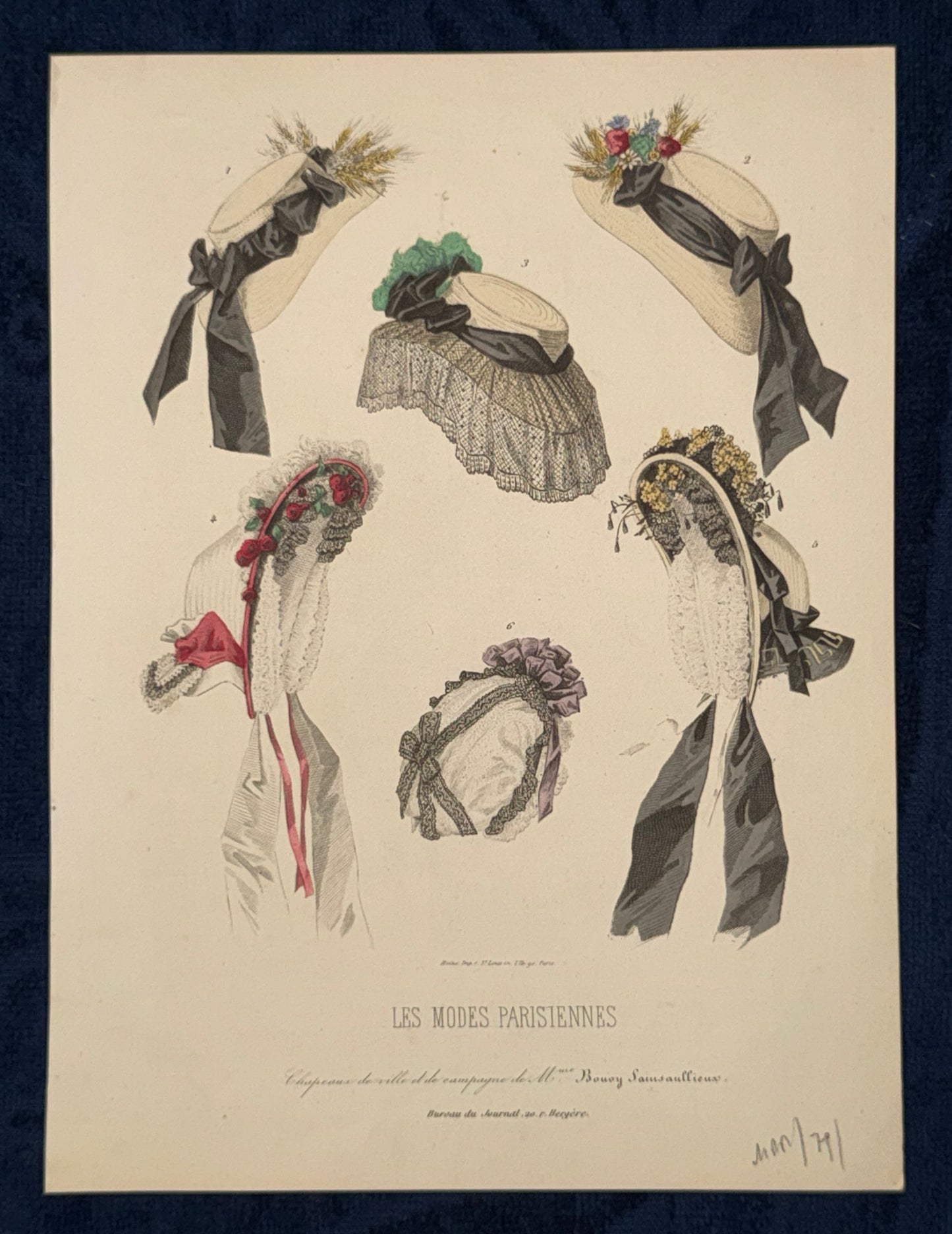 1870 Les Modes Parisiennes Modegrafik | Historische Hüte | Handkolorierte Pariser Damenhüte