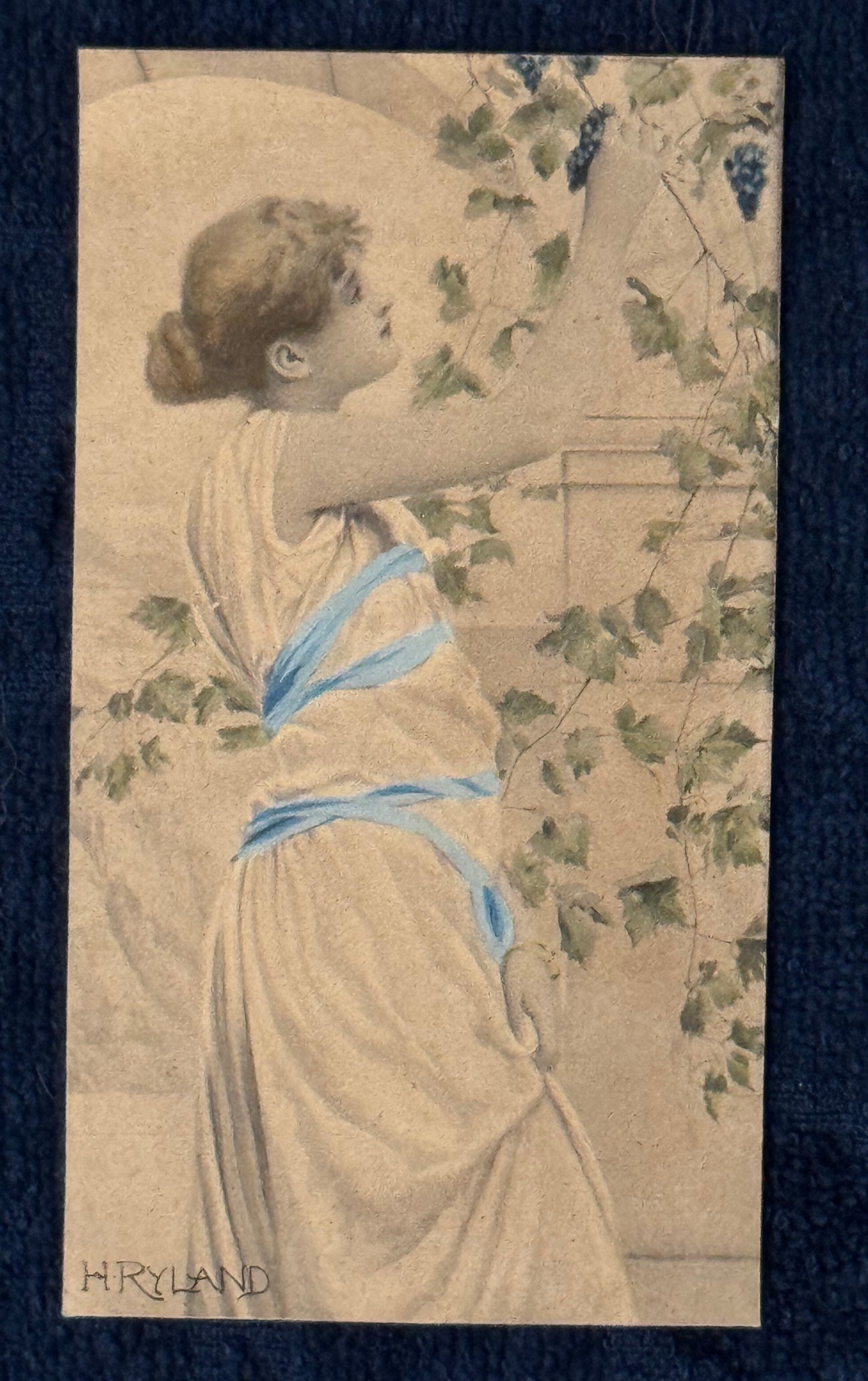 Jugendstil Original Miniaturbildnis 1900 Ryland Mädchen mit Trauben
