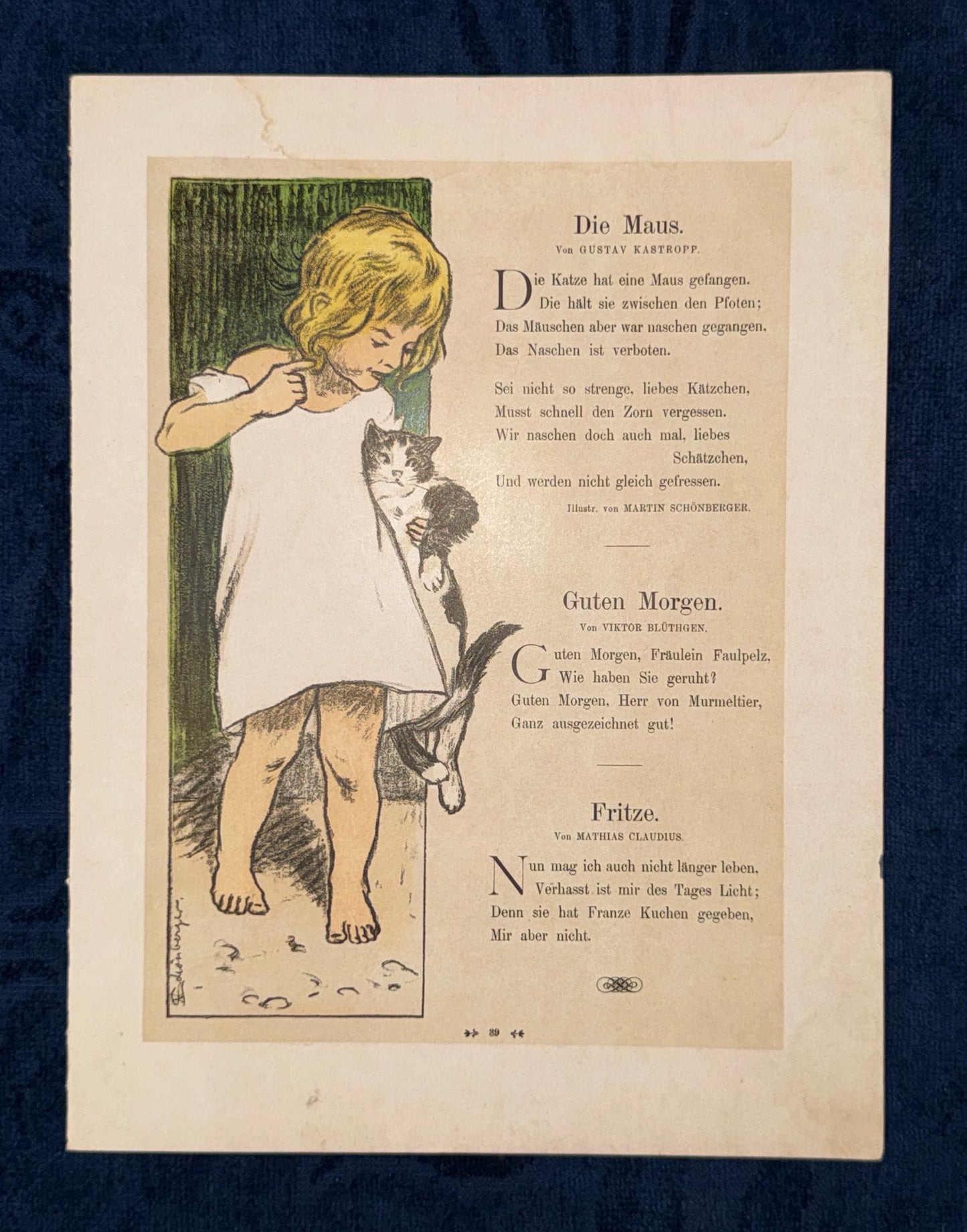 Original Kinder-Illustration mit Katze & Kind | Gedichtblatt um 1900