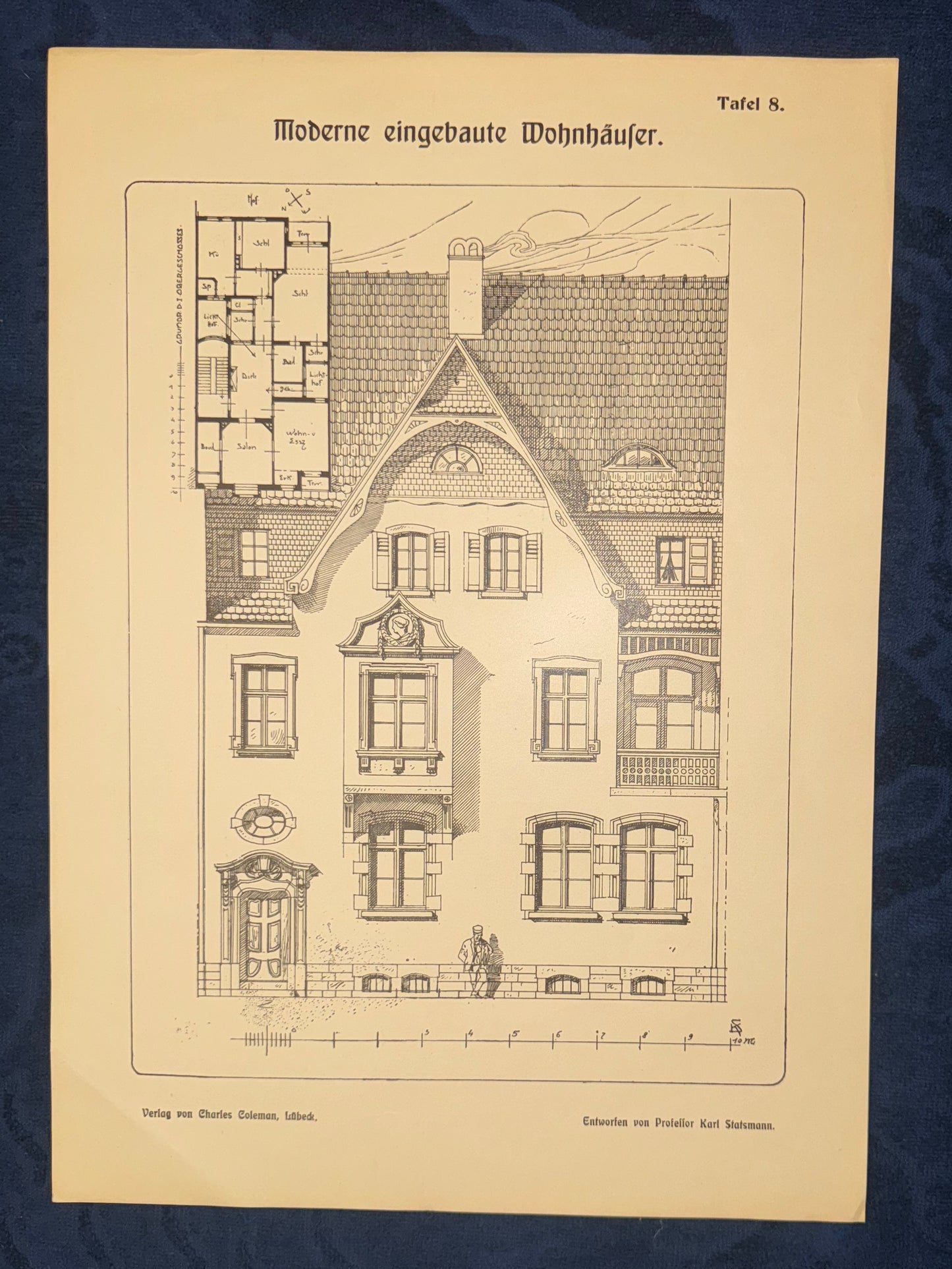 Original Architektur Tafel 1900 Jugendstil Wohnhaus Fassade | Druck mit Grundriss