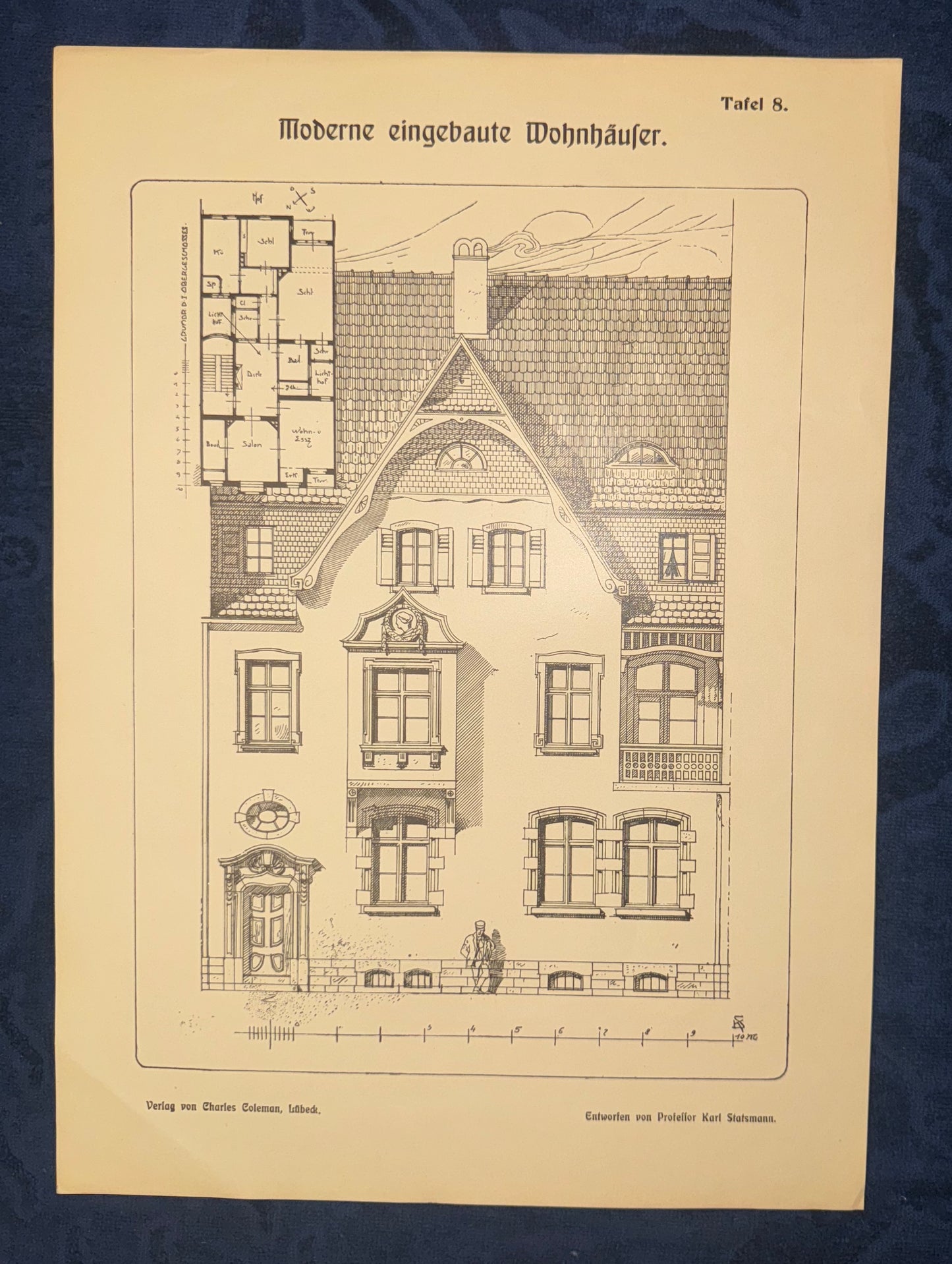 Original Architektur Tafel 1900 Jugendstil Wohnhaus Fassade | Druck mit Grundriss