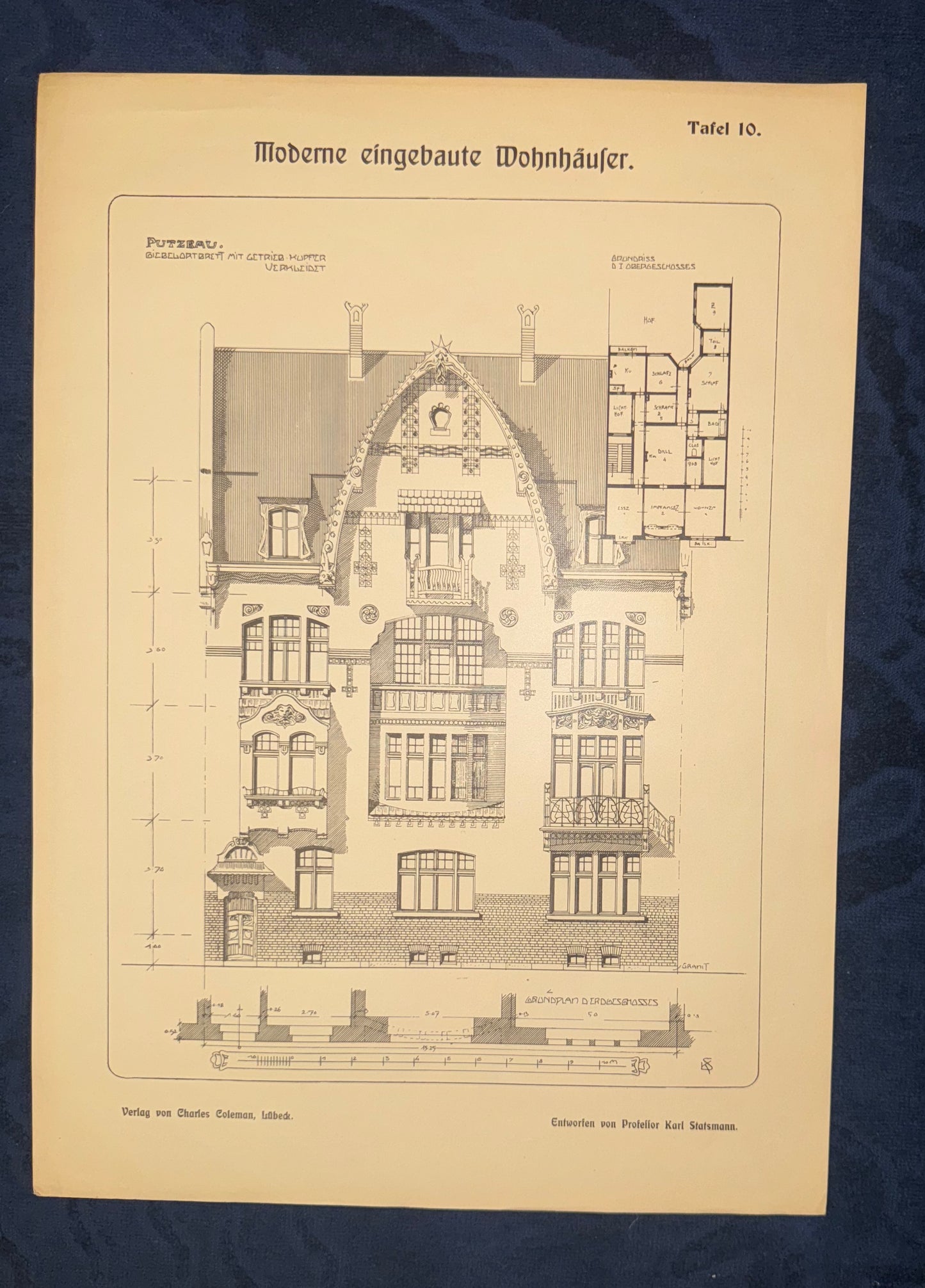 Original Architektur Tafel 1900 Jugendstil Wohnhaus | Baukunst Druck mit Grundriss