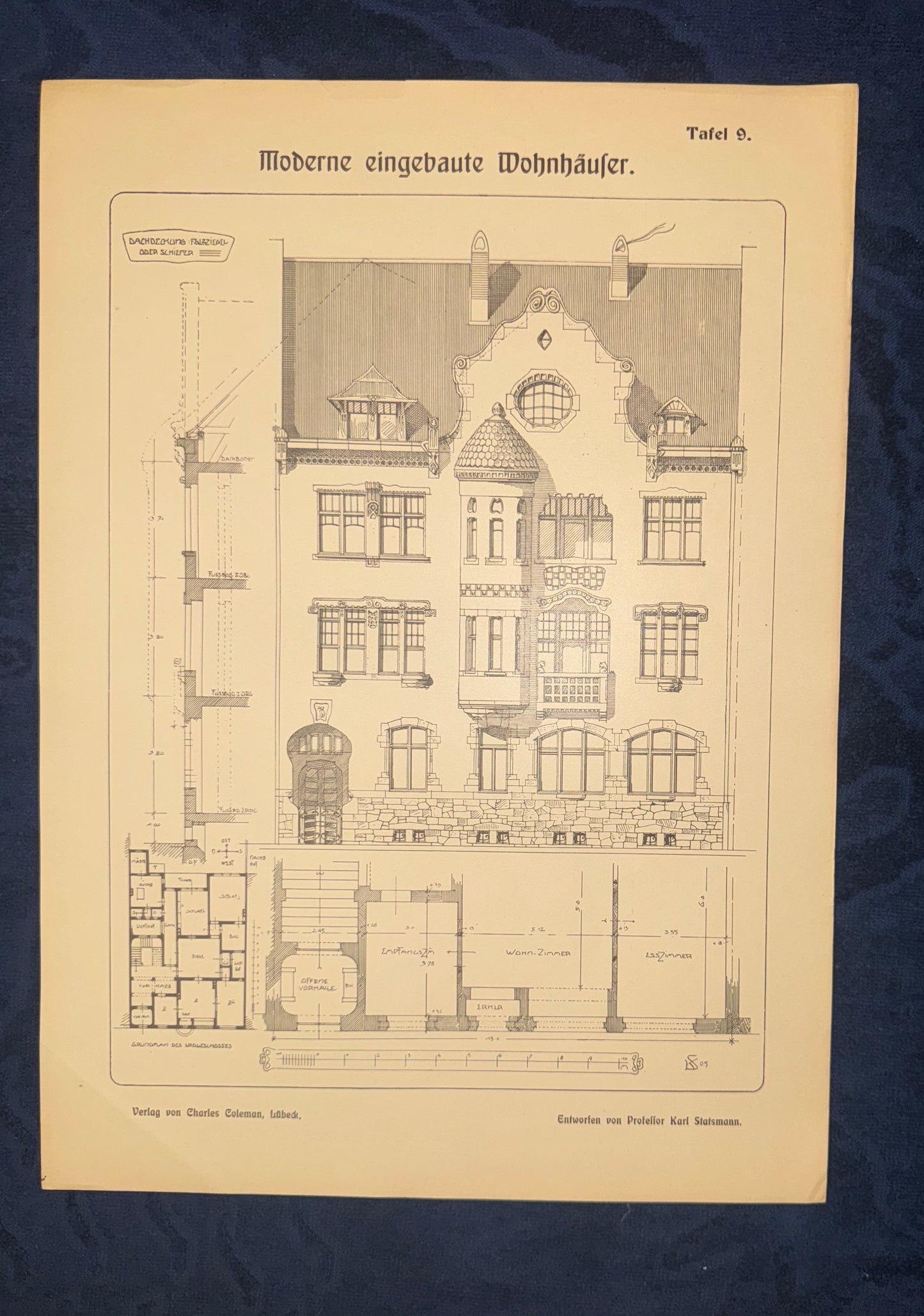 Architektur Tafel 1900 Jugendstil Wohnhaus | Baukunst Druck mit Grundriss