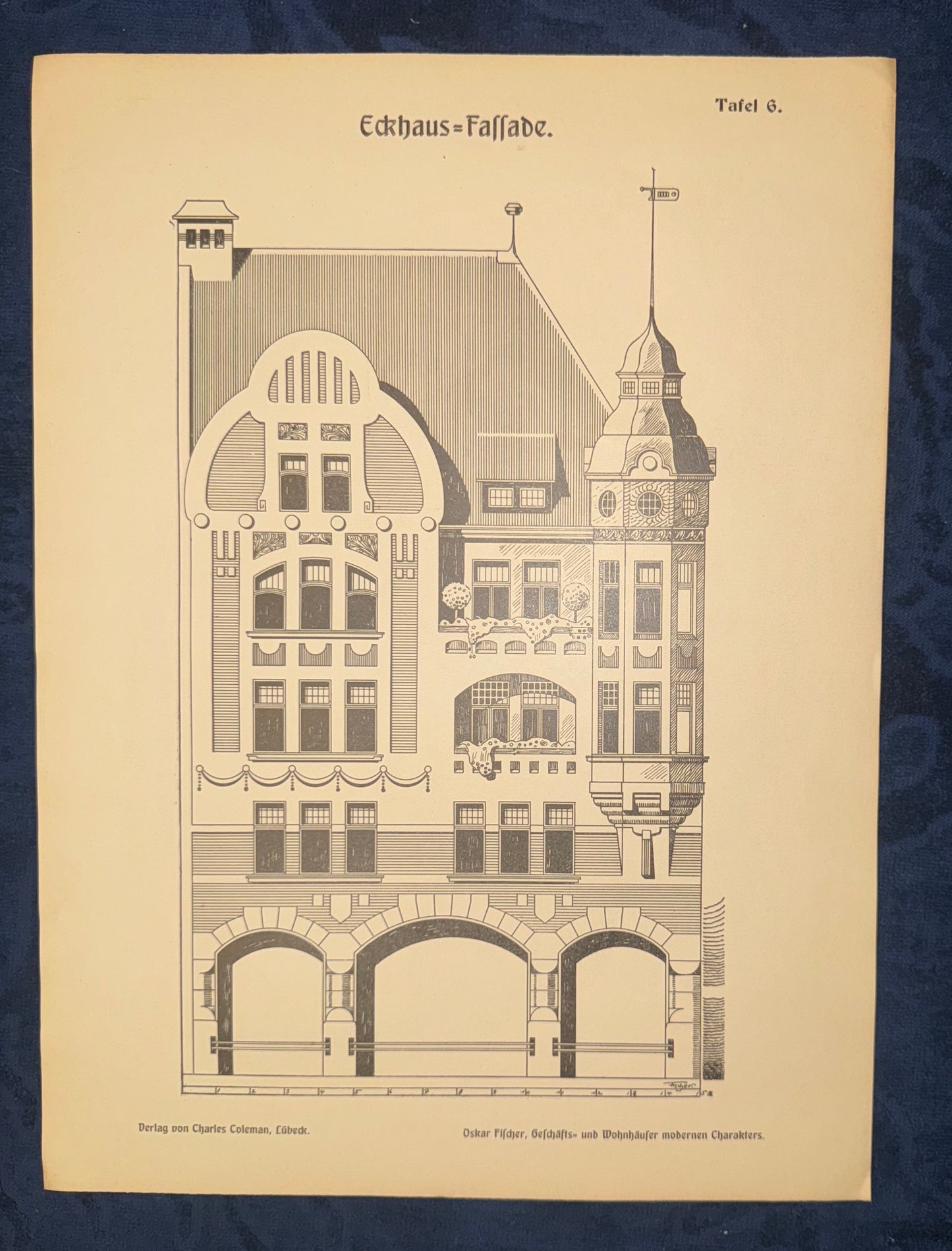 Großformat Architektur Tafel 1900 Jugendstil Eckhaus-Fassade | Original Baukunst Druck