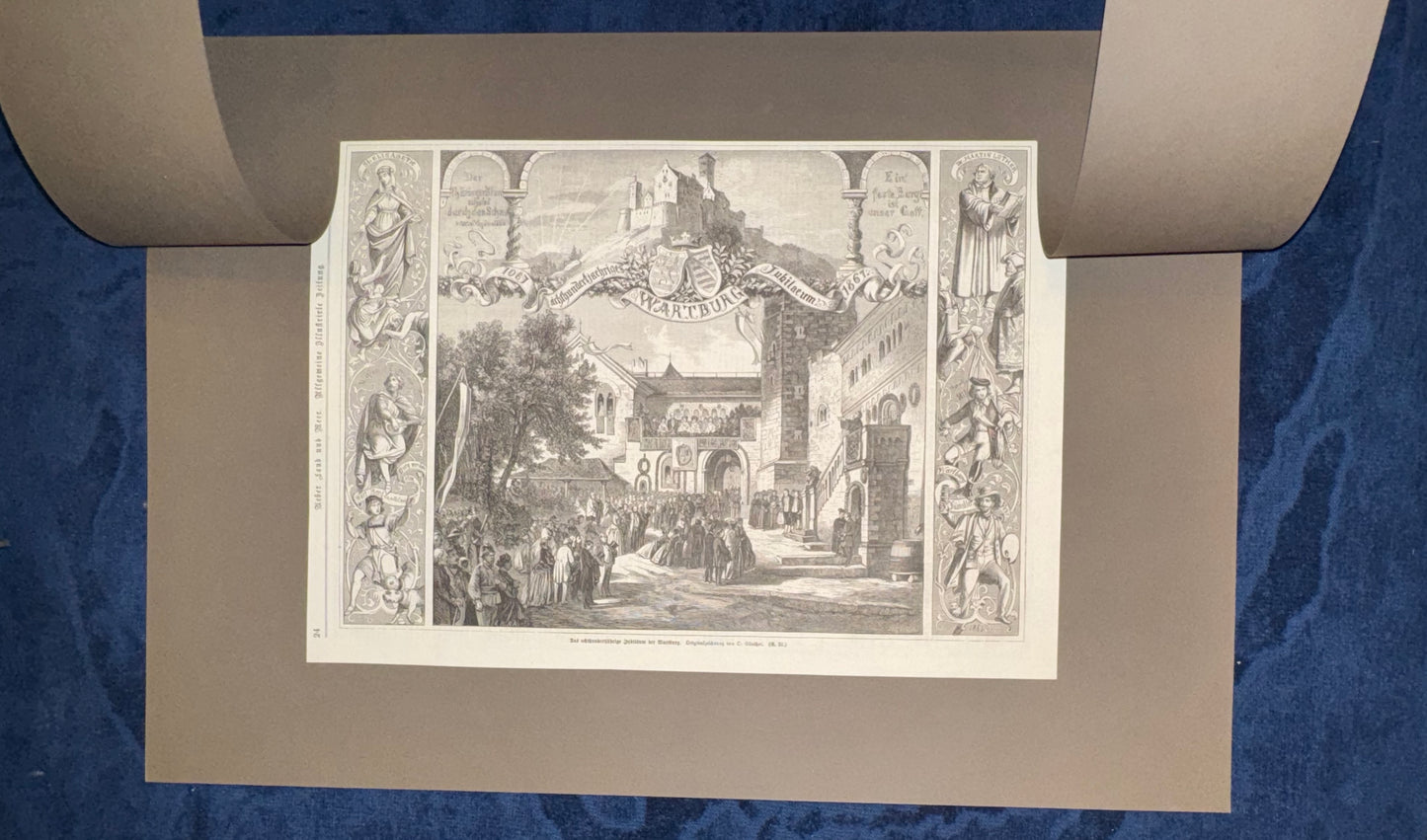 1867 Wartburg Original Holzstich Jubiläumsfeier | Druck Passepartout Burg Schloss