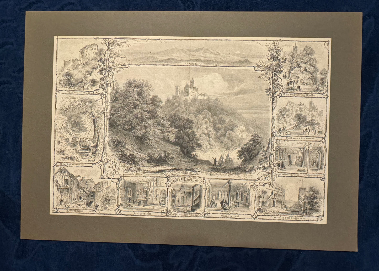 1870 Die Wartburg Original Holzstich | Druck im Passepartout | Schlossansicht